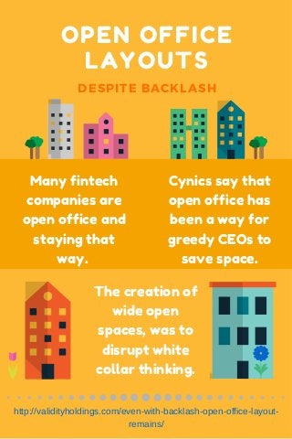 OPEN OFFICE
LAYOUTS
DESPITE BACKLASH
Many fintech
companies are
open office and
staying that
way.
Cynics say that
open office has
been a way for
greedy CEOs to
save space.
The creation of
wide open
spaces, was to
disrupt white
collar thinking.
http://validityholdings.com/even-with-backlash-open-office-layout-
remains/
 