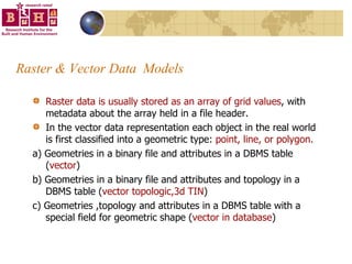 Raster & Vector Data  Models Raster data is usually stored as an array of grid values , with metadata about the array held in a file header.  In the vector data representation each object in the real world is first classified into a geometric type:  point, line, or polygon.   a) Geometries in a binary file and attributes in a DBMS table ( vector ) b) Geometries in a binary file and attributes and topology in a DBMS table ( vector topologic,3d TIN ) c) Geometries ,topology and attributes in a DBMS table with a special field for geometric shape ( vector in database ) 