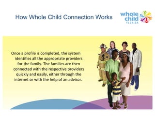 Once a profile is completed, the system identifies all the appropriate providers for the family. The families are then connected with the respective providers quickly and easily, either through the internet or with the help of an advisor.   How Whole Child Connection Works 