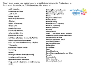 Adult Education  Alternative Education  Adult  Health   Animal Control  Child Abuse Prevention  Child Care  Youth Organizations  Child Health  Code Enforcement  Community Activities Cultural and the Arts  Community Activities Faith Based, Religious Community Activities Mentoring Community Activities Parks and Recreation Community Activities Volunteering  Community Support Groups  Counseling  Dentists  Developmental Disabilities Screening Developmental Screening Domestic Violence Prevention  Drug, Alcohol, or Substance Abuse Emergency Services Clothing Emergency Services Food Emergency Services Other Emergency Services Shelter Employment Assistance  Family Literacy  Family Planning  Family Practice / Internists  Financial Counseling  Hearing Screening  Housing  Immunizations  Infant / Child Mental Health Screening  Law Enforcement and Legal Assistance  Mental Health Services  Neighborhood Crime Watch  Nutritional Guidance  Parenting Education  Pediatricians  Prenatal Care  Safety  School Readiness  Speech Language Evaluation and Other Therapies  Transportation  Vision Screening  Women’s Health Needs Nearly every service your children need is available in our community. The best way to find them is through Whole Child Connection. Get access to: 