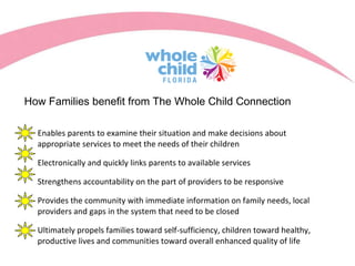 How Families benefit from The Whole Child Connection  Enables parents to examine their situation and make decisions about appropriate services to meet the needs of their children Electronically and quickly links parents to available services Strengthens accountability on the part of providers to be responsive Provides the community with immediate information on family needs, local providers and gaps in the system that need to be closed Ultimately propels families toward self-sufficiency, children toward healthy, productive lives and communities toward overall enhanced quality of life 