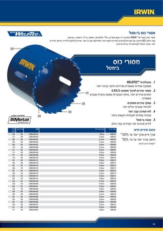 142
[4]
[5]
[1]
[2]
[3]
100%
50%
IRWIN®
HSS
EAN
10504161Ø14mm570691504161316043.3
10504162Ø 16mm570691504162016041.1
10504163Ø 17mm570691504163716048.2
10504164Ø 19mm570691504164416040.5
10504165Ø 20mm570691504165116049.9
10504166Ø 21mm570691504166816047.9
10504167Ø 22mm570691504167516041.7
10504168Ø 24mm570691504168216051.2
10504169Ø 25mm570691504169916042.7
10504170Ø 27mm570691504170516047.0
10504171Ø 29mm570691504171216044.7
10504172Ø 30mm570691504172916048.4
10504173Ø 32mm570691504173612049.1
10504174Ø 33mm570691504174312060.6
10504175Ø 35mm570691504175012049.1
10504176Ø 37mm570691504176712065.8
10504177Ø 38mm570691504177412052.3
10504178Ø 40mm570691504178112053.2
10504179Ø 41mm570691504179812053.6
10504180Ø 43mm570691504180412054.0
10504181Ø 44mm570691504181112055.0
10504182Ø 46mm570691504182812055.6
10504183Ø 48mm570691504183510056.8
10504184Ø 51mm570691504184210058.5
10504185Ø 52mm570691504185910058.7
10504186Ø 54mm570691504186610058.4
10507366Ø 56mm570691507366910059.7
10504187Ø 57mm570691504187310064.0
10504188Ø 59mm570691504188010061.7
10504189Ø 60mm570691504189710061.7
WELDTEC™ 1
2
3
4
5
 