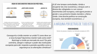17
Conseguirá a União manter-se unida? E como deve ser
a nova Europa? Queremos manter tudo como está?
Restringir a União ao mercado do euro? Ou pelo
contrário, alargar e reforçar o poder das instituições
europeias para dar resposta a grandes questões como a
segurança ou as alterações climáticas?
A UE vive tempos conturbados. Ainda a
recuperar da crise económica, a braços com o
drama dos refugiados e a ver crescer
movimentos anti-europeus, está agora prestes a
perder o seu primeiro Estado-membro: o Reino
Unido. Uma brecha política na construção
europeia, mas também económica (...)
 