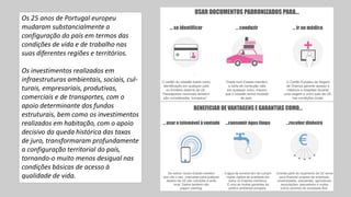 Os 25 anos de Portugal europeu
mudaram substancialmente a
configuração do país em termos das
condições de vida e de trabalho nas
suas diferentes regiões e territórios.
Os investimentos realizados em
infraestruturas ambientais, sociais, cul-
turais, empresariais, produtivas,
comerciais e de transportes, com o
apoio determinante dos fundos
estruturais, bem como os investimentos
realizados em habitação, com o apoio
decisivo da queda histórica das taxas
de juro, transformaram profundamente
a configuração territorial do país,
tornando-o muito menos desigual nas
condições básicas de acesso à
qualidade de vida.
6
 