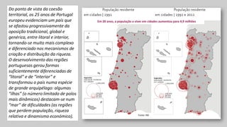 Do ponto de vista da coesão
territorial, os 25 anos de Portugal
europeu evidenciam um país que
se afastou progressivamente da
oposição tradicional, global e
genérica, entre litoral e interior,
tornando-se muito mais complexo
e diferenciado nos mecanismos de
criação e distribuição da riqueza.
O desenvolvimento das regiões
portuguesas gerou formas
suficientemente diferenciadas de
“litoral” e de “interior” e
transformou o país numa espécie
de grande arquipélago: algumas
“ilhas” (o número limitado de polos
mais dinâmicos) destacam-se num
“mar” de dificuldades (as regiões
que perdem população, riqueza
relativa e dinamismo económico).
Em 20 anos, a população a viver em cidades aumentou para 4,9 milhões
Fonte: INE
7
 