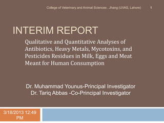 College of Veterinary and Animal Sciences , Jhang (UVAS, Lahore)   1




    INTERIM REPORT
         Qualitative and Quantitative Analyses of
         Antibiotics, Heavy Metals, Mycotoxins, and
         Pesticides Residues in Milk, Eggs and Meat
         Meant for Human Consumption


          Dr. Muhammad Younus-Principal Investigator
            Dr. Tariq Abbas -Co-Principal Investigator


3/18/2013 12:49
      PM
 