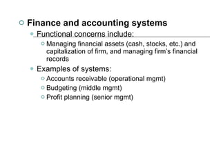 Finance and accounting systems Functional concerns include:  Managing financial assets (cash, stocks, etc.) and capitalization of firm, and managing firm’s financial records Examples of systems:  Accounts receivable (operational mgmt) Budgeting (middle mgmt) Profit planning (senior mgmt) 