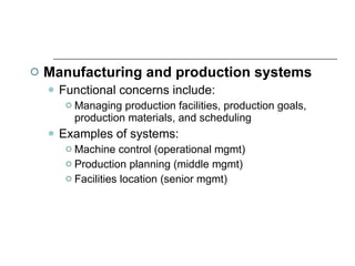 Manufacturing and production systems Functional concerns include:  Managing production facilities, production goals, production materials, and scheduling Examples of systems:  Machine control (operational mgmt) Production planning (middle mgmt) Facilities location (senior mgmt) 