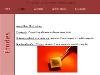 Projet sur les carrières informatiques
Intro     Études         Carrières         Commentaires           Ressources




        Assembleur électronique

        Pré requis: n’importe quelle cours a l’école secondaire

        Université offrant se programme : Aucune éducation postsecondaire requise

        Nombre d’années d’études : Aucune éducation postsecondaire requise
 