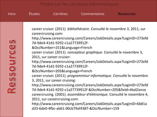 Projet sur les carrières informatiques
Intro   Études         Carrières       Commentaires           Ressources


         career cruiser. (2011). bibliothécaire. Consulté le novembre 3, 2011, sur
         careercruising.com:
         http://www.careercruising.com/Careers/JobDetails.aspx?LoginID=273efd
         7d-9de4-41d1-9292-c1a27739912f-
         &OccNumber=251&Language=French
         career cruiser. (2011). concepteur graphique. Consulté le novembre 3,
         2011, sur career cruiser:
         http://www.careercruising.com/Careers/JobDetails.aspx?LoginID=273efd
         7d-9de4-41d1-9292-c1a27739912f-
         &OccNumber=205&Language=French
         career cruiser. (2011). programmeur informatique. Consulté le novembre
         3, 2011, sur career cruising:
         http://www.careercruising.com/Careers/JobDetails.aspx?LoginID=273efd
         7d-9de4-41d1-9292-c1a27739912f-&OccNumber=205&field=AtaGlance
         careercrusing. (2001). assembleur d'élétronique. Consulté le novembre 4,
         2011, sur careercruising.com:
         http://www.careercruising.com/Careers/JobDetails.aspx?LoginID=6b81a
         d33-6de0-4fbc-ab61-00cb79af4387-&OccNumber=159
 
