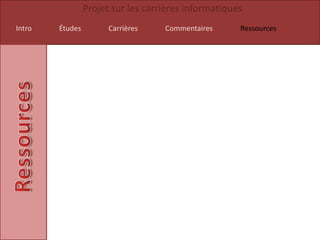 Projet sur les carrières informatiques
Intro   Études         Carrières    Commentaires      Ressources
 