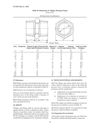 24
IS 1239 (Part 2) : 2011
Table 28 Dimensions of Nipples, Hexagon, Equal
(Clause 9.1)
All dimensions in millimetres.
Sl No. Nominal Size Minimum Length of Thread for Basic
Gauge Length Plus Diameter Clearance
Thickness of
Hexagon
Minimum
Overall Length
Maximum
Diameter of Bore
Width Across Flats
of Hexagon
L T A C B
(1) (2) (3) (4) (5) (6) (7)
i) 6 9.5 6 25 5.5 13.1
ii) 8 12.5 6 31 6.5 15.5
iii) 10 12.5 8 33 9.5 17.9
iv) 15 17.5 8 43 12.5 23.0
v) 20 19 10 48 19 27.8
vi) 25 21 20 52 25 35.3
vii) 32 24 11 59 32 47.2
viii) 40 24 13 61 38 52.0
ix) 50 27 14 68 51 61.1
x) 65 32 16 80 64 79
xi) 80 35 19 89 76 92
xii) 100 40 22 102 100 117
xiii) 125 45 25 115 125 143
xiv) 150 45 25 115 150 168
9.2 Tolerances
9.2.1 Where maximum and minimum dimensions are
not specified, the tolerance for centre to face and centre
to centre dimensions shall be as specified in Table 29.
9.2.2 Tolerance for the Alignment of Threads
The axes of the threads shall be coincident with the
theoretical axes of the fitting within a tolerance of
+0.5o
on the run and on the branches.
9.2.3 Thread tolerances shall be in accordance with
those specified in IS 554.
10 JOINTS
Tubulars and fittings shall be screwed with taper or
parallel threads or both as detailed in tables. Unless
otherwise specified, sockets for tubulars shall have
parallel threads.All threads shall be in accordance with
IS 554. Gauging in accordance with IS 8999 shall be
considered as an adequate test for conformity of threads.
11 TESTS ON FITTINGS AND SOCKETS
11.1 The fittings and sockets before they leave the
works, shall be subjected to either of the following
pressure tests, as mutually agreed to between the
purchaser and the manufacturer:
a) Application of an internal hydraulic pressure
of not less than 5 MPa, or
b) Application of an internal air pressure of
0.7 MPa whilst the fittings is completely
immersed in water or light oil.
11.1.1 The sample size and the acceptance criteria for
the pressure test shall be as given in Table 30.
11.1.2 Test duration shall be 10 s minimum for both
the process either by 11.1(a) or 11.1(b).
11.2 Expansion Test on Sockets
At the option of the manufacturer any one of the tests
described in 11.2.1 and 11.2.2 shall be carried out.
Hexagon Nipple
 