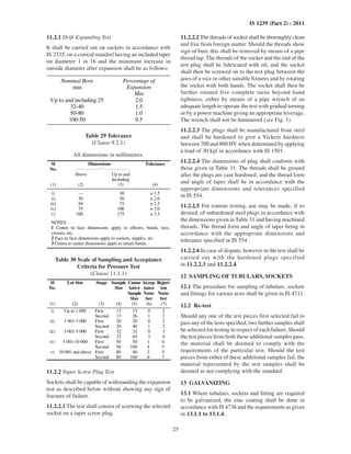 25
IS 1239 (Part 2) : 2011
11.2.1 Drift Expanding Test
It shall be carried out on sockets in accordance with
IS 2335, on a conical mandrel having an included taper
on diameter 1 in 16 and the minimum increase in
outside diameter after expansion shall be as follows:
Nominal Bore Percentage of
mm Expansion
Min
Up to and including 25 2.0
32-40 1.5
50-80 1.0
100-50 0.5
Table 29 Tolerance
(Clause 9.2.1)
All dimensions in millimetres.
DimensionsSl
No.
Tolerance
Above Up to and
Including
(1) (2) (3) (4)
i) — 30 ± 1.5
ii) 30 50 ± 2.0
iii) 50 75 ± 2.5
iv) 75 100 ± 3.0
v) 100 175 ± 3.5
NOTES
1 Centre to face dimensions apply to elbows, bends, tees,
crosses, etc.
2 Face to face dimensions apply to sockets, nipples, etc.
3 Centre to centre dimensions apply to return bends.
Table 30 Scale of Sampling and Acceptance
Criteria for Pressure Test
(Clause 11.1.1)
Sl
No.
Lot Size Stage Sample
Size
Cumu-
lative
Sample
Size
Accep-
tance
Num-
ber
Reject-
ion
Num-
ber
(1) (2) (3) (4) (5) (6) (7)
i) Up to 1 000 First 13 13 0 2
Second 13 26 1 2
ii) 1 001-3 000 First 20 20 0 2
Second 20 40 1 2
iii) 3 001-5 000 First 32 32 0 3
Second 32 64 3 4
iv) 5 001-10 000 First 50 50 1 4
Second 50 100 4 5
v) 10 001 and above First 80 80 2 5
Second 80 160 6 7
11.2.2 Taper Screw Plug Test
Sockets shall be capable of withstanding the expansion
test as described below without showing any sign of
fracture of failure.
11.2.2.1 The test shall consist of screwing the selected
socket on a taper screw plug.
11.2.2.2 The threads of socket shall be thoroughly clean
and free from foreign matter. Should the threads show
sign of burr, this shall be removed by means of a pipe
thread tap. The threads of the socket and the end of the
test plug shall be lubricated with oil, and the socket
shall then be screwed on to the test plug between the
jaws of a vice or other suitable fixtures and by rotating
the socket with both hands. The socket shall then be
further rotated five complete turns beyond hand
tightness, either by means of a pipe wrench of an
adequate length to operate the test with gradual turning
or by a power machine giving an appropriate leverage.
The wrench shall not be hammered (see Fig. 1).
11.2.2.3 The plugs shall be manufactured from steel
and shall be hardened to give a Vickers hardness
between 700 and 800 HV when determined by applying
a load of 30 kgf in accordance with IS 1501.
11.2.2.4 The dimensions of plug shall conform with
those given in Table 31. The threads shall be ground
after the plugs are case hardened, and the thread form
and angle of taper shall be in accordance with the
appropriate dimensions and tolerances specified
in IS 554.
11.2.2.5 For routine testing, use may be made, if so
desired, of unhardened steel plugs in accordance with
the dimensions given in Table 31 and having machined
threads. The thread form and angle of taper being in
accordance with the appropriate dimensions and
tolerance specified in IS 554 .
11.2.2.6 In case of dispute, however in the test shall be
carried out with the hardened plugs specified
in 11.2.2.3 and 11.2.2.4.
12 SAMPLING OF TUBULARS, SOCKETS
12.1 The procedure for sampling of tubulars, sockets
and fittings for various tests shall be given in IS 4711.
12.2 Re-test
Should any one of the test pieces first selected fail to
pass any of the tests specified, two further samples shall
be selected for testing in respect of each failure. Should
the test pieces from both these additional samples pass,
the material shall be deemed to comply with the
requirements of the particular test. Should the test
pieces from either of these additional samples fail, the
material represented by the test samples shall be
deemed as not complying with the standard.
13 GALVANIZING
13.1 Where tubulars, sockets and fitting are required
to be galvanized, the zinc coating shall be done in
accordance with IS 4736 and the requirements as given
in 13.1.1 to 13.1.4.
 