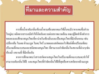 การซื้อน้ายาดับกลิ่นห้องน้าตามท้องตลาดมาใช้นั้นจะมีราคาแพงซึ่งส่วน
ใหญ่จะ ผลิตจากสารเคมีทาให้เกิดอันตรายต่อสภาพแวดล้อม คณะผู้จัดทาจึงทาการ
ทดลองและศึกษาสมุนไพรที่หาง่ายในท้องถิ่นและเป็นสมุนไพรที่มีกลิ่นหอม เช่น
เปลือกส้ม ใบเตย ผิวมะกูด ใบตะไคร้ มาทดลองสกัดคลอโรฟิลล์เพื่อเปรียบเทียบ
ปริมาณที่เหมาะสมและชนิดของสมุนไพร ที่สามารถกาจัดกลิ่นในสถานที่ต่างๆเช่น
ห้องน้า สถานที่ ที่มีกลิ่นอับ
จากการศึกษาพบว่าสารสกัดจากสมุนไพรในปริมาณที่เหมาะสมจะทาให้
สามารถดับกลิ่นได้ดี และสมุนไพรที่กาจัดกลิ่นได้ดีที่สุดคือสารสกัดจากผิวมะกูด
ที่มาและความสาคัญ
 