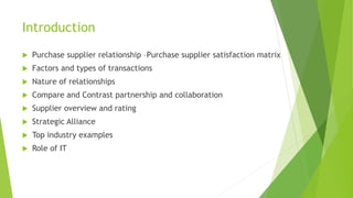 Introduction
 Purchase supplier relationship –Purchase supplier satisfaction matrix
 Factors and types of transactions
 Nature of relationships
 Compare and Contrast partnership and collaboration
 Supplier overview and rating
 Strategic Alliance
 Top industry examples
 Role of IT
 