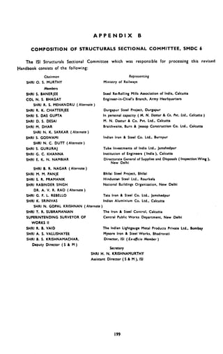 APPENDIX B
COMPOSITION OF STRUCTURALS SECTIONAL COMMITTEE, SMDC 6
The ISI Structurals Sectional Committee which was responsible for processing this revised
Handbook consists of the following:
Choirmon
SHRI 0. S. MURTHY
Members
SHRI S. BANERJEE
COL N. S. BHAGAT
SHRI R. S. MEHANDRU (Alternate )
SHRI R. K. CHATTERJEE
SHRI S. DAS GUPTA
SHRI D. S. DESAI
SHRI M. DHAR
SHRI N. K. SARKAR (Alternate )
SHRI S. GOSWAMI
SHRI N. C. DUTT (Alternote )
SHRI S. GURURAJ
SHRI G. C. KHANNA
SHRI E, K. N. NAMBIAR
SHRI S. R. NAGAR (Alternate )
SHRI M. M. PANJE
SHRI S. R. PRAMANIK
SHRI RABINDER SINGH
DR. A. V. R. RAO (Alternate)
SHRI G. F. L. REBELLO
SHRI K. SRINIVAS
Representing
Ministry of Railways
Steel Re-Rolling Mills Association of India. Calcutta
Engineer-in-Chief’s Branch, Army Headquarters
Durgapur Steel Project, Durgapur
In personal capacity ( M. N. Dostur & Co. Pvt. Ltd., Calcutta )
M. N. Dastur & Co. Pvt. Ltd., Calcutta
Braithwaite. Burn & jessop Construction Co. Ltd., Calcutta
Indian Iron & Steel Co. Ltd., Burnpur
Tube Investments of India Ltd., Jamshedpur
Institution of Engineers ( India ), Calcutta
Directorate General of Supplies and Disposals ( Inspection Wing ).
New Delhi
Bhilai Steei Project, Bhilai
Hindustan Steel Ltd., Rourkela
National Buildings Organization, New Delhi
Tata Iron & S:eel Co. Ltd., Jamshedpur
Indian Aluminium Co. Ltd., Calcutta
SHRI N. GOPAL KRISHNAN (Alternote )
SHRI T. R. SUBRAMANIAN The Iron & Steel Control, Calcutta
SUPERINTENDING SURVEYOR OF Central Public Works Department, New Delhi
WORKS II
SHRI R. 8. VAID The Indian Lightgauge Metal Products Private Ltd., Bombay
SHRI A. 5. VALLISHAYEE Mysore Iron & Steel Works, Bhadravati
SHRI B. S. KRISHNAMACHAR, Director, ISI ( Ex-oficio Member )
Deputy Director (S & M )
Secretary
SHRI H. N. KRISHNAMURTHY
Assistant Director (5 (I M ). ISI
199
 