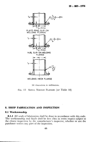 i
IS : 863 - 1976
in.
PLATE-RING, SLIP- ON
WELDING FLANGE
in.
HUB, SLIP- ON WELDING
FLANGE
WELDING-NECK FLANGE
,111 dimcntions in millimetres.
FIG. 13 SI~ELL NOZZLE FLANGES (see Table 10)
8. SHOP FABRICATION AND INSPECTION
8.1 Workmanship
8.1.1 All work of fabrication shall be done in accordance with this code.
The workmanship and finish shall be first class in every respect subject to
the closest inspection 1)~ the manuf8cturer’s inspector, whether or not the
purchaser waives any part ol’ the inspection.
49
 