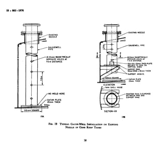IS : 883 - 1976
EXISTING
NOZZLE
;fpUEGEWELL
I
I
6 25mm MAMETRtCALV
OPPOSITE HOLES AT
l-5 m OISTANCE
l
ELEVATION -
EXISTING NOZZLE
GAUGEWELL PIPE
(025mm DIAMETRICALLY
OPPOSITE HOLES AT
1.5m DISTANCE
PPORT ANGLES
DATUM PLATE
L 500mmSCilJARE
TANK SHELL INSIDE
SECTION-XX
Fxo. 19 TYPICAL GAUGE-WBLLIN(ITALLATIONON EXISTING
Nozzt~ OP Cbm ROOF Tmm
-MAINTAIN Smm CLEAFXNCE
BETWEEN PIPE AND
SUPPORT RING
8.2 Straightening -
before being laid out.
injure it. Heating 01
heated to a forging t!
8.3 Plate Edge Pm
marked, chipped or
IO.00 mm for butt-we
resulting surface shar
accumulations before
brushing on cut or sha
Circumferential edge::
manually oxygen-cutl
8.4 Shaping of She
curvature of the tank;
jVonzina1 Plate
m
, Except lvhere othen
rolled to correct curv’
8.5 Shop Painting -
shall be as specified in
8.5.1 All roof strc.
thoroughly cleaned an
coat of an approved PI
unpainted.
8,5.2 Where facilitt
the tank material incll
pickling or alternative
approved primer imr
used on surlB.ccs to be
qualification test, and
8.5.3 A11 machinecc
and coaled with an aI
despatch.
II
8.6 Marking
8.6.1 All plates ant
with a marking diagu
also bear such other IT
58
 