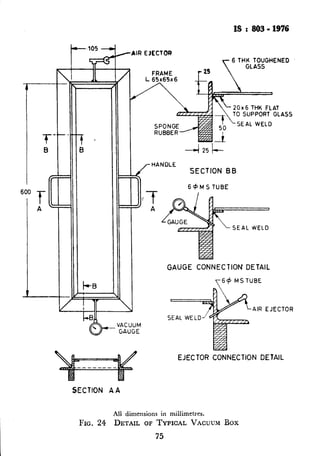 --
f-
6
fi
600
rll I
IS :803-1976
-AIR EtECTOR
0x6 THK FLAT
0 SUPPORT GLASS
--i 25 b--
/-
HANDLE
‘SECTION BB
cl- VACUUM
GAUGE
GAUGE CONNECTION DETAIL
AIR EJECTOR
kz2zl
EJECTOR CONNECTION DETAIL
SECTION AA
All dimensionsin millimetres.
FIG. 24 DETAIL OF TYPICAL VACUUM Box
75
 
