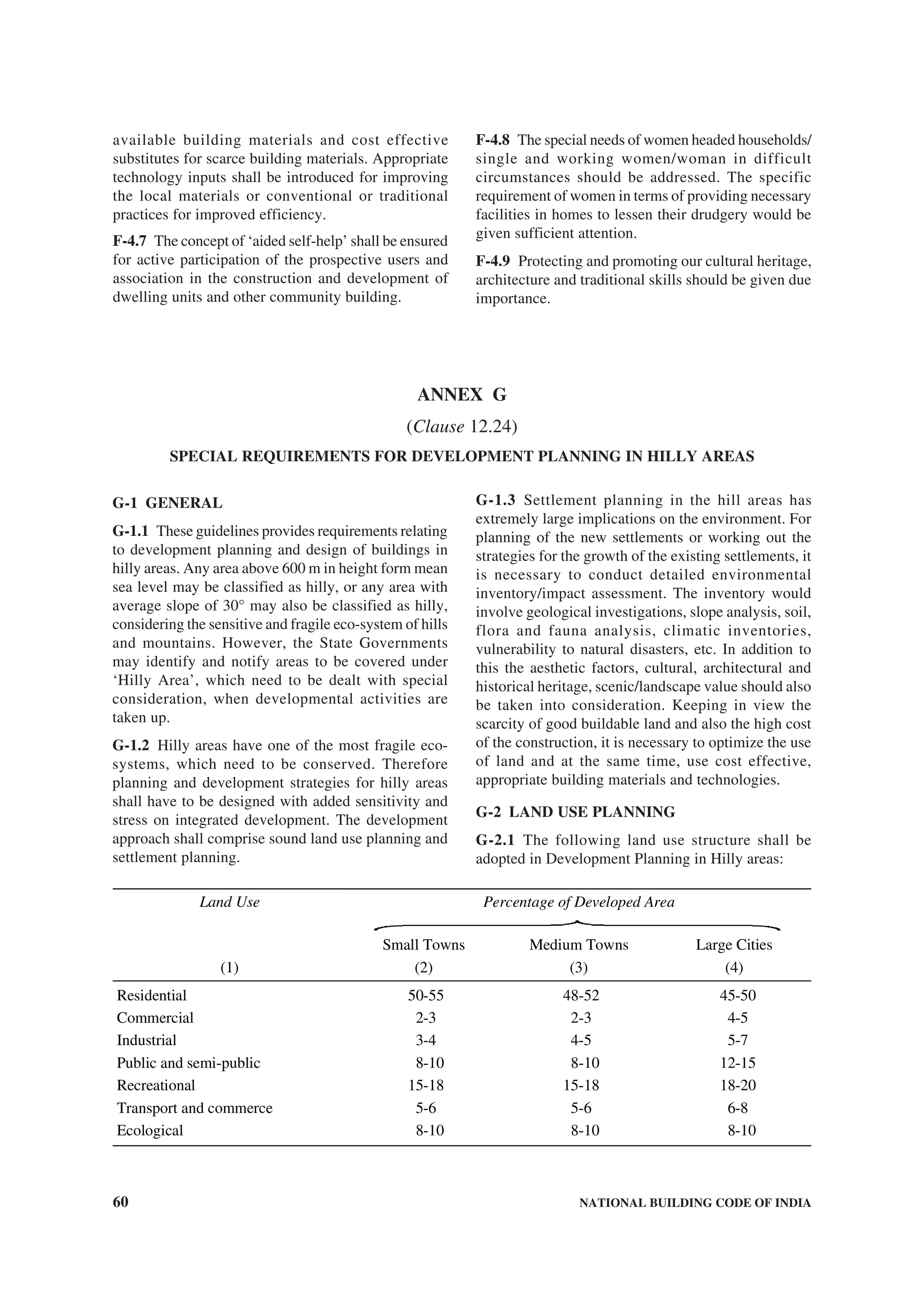 60 NATIONAL BUILDING CODE OF INDIA
available building materials and cost effective
substitutes for scarce building materials. Appropriate
technology inputs shall be introduced for improving
the local materials or conventional or traditional
practices for improved efficiency.
F-4.7 The concept of ‘aided self-help’ shall be ensured
for active participation of the prospective users and
association in the construction and development of
dwelling units and other community building.
F-4.8 The special needs of women headed households/
single and working women/woman in difficult
circumstances should be addressed. The specific
requirement of women in terms of providing necessary
facilities in homes to lessen their drudgery would be
given sufficient attention.
F-4.9 Protecting and promoting our cultural heritage,
architecture and traditional skills should be given due
importance.
G-1 GENERAL
G-1.1 These guidelines provides requirements relating
to development planning and design of buildings in
hilly areas. Any area above 600 m in height form mean
sea level may be classified as hilly, or any area with
average slope of 30° may also be classified as hilly,
considering the sensitive and fragile eco-system of hills
and mountains. However, the State Governments
may identify and notify areas to be covered under
‘Hilly Area’, which need to be dealt with special
consideration, when developmental activities are
taken up.
G-1.2 Hilly areas have one of the most fragile eco-
systems, which need to be conserved. Therefore
planning and development strategies for hilly areas
shall have to be designed with added sensitivity and
stress on integrated development. The development
approach shall comprise sound land use planning and
settlement planning.
G-1.3 Settlement planning in the hill areas has
extremely large implications on the environment. For
planning of the new settlements or working out the
strategies for the growth of the existing settlements, it
is necessary to conduct detailed environmental
inventory/impact assessment. The inventory would
involve geological investigations, slope analysis, soil,
flora and fauna analysis, climatic inventories,
vulnerability to natural disasters, etc. In addition to
this the aesthetic factors, cultural, architectural and
historical heritage, scenic/landscape value should also
be taken into consideration. Keeping in view the
scarcity of good buildable land and also the high cost
of the construction, it is necessary to optimize the use
of land and at the same time, use cost effective,
appropriate building materials and technologies.
G-2 LAND USE PLANNING
G-2.1 The following land use structure shall be
adopted in Development Planning in Hilly areas:
Percentage of Developed AreaLand Use
Small Towns Medium Towns Large Cities
(1) (2) (3) (4)
Residential 50-55 48-52 45-50
Commercial 2-3 2-3 4-5
Industrial 3-4 4-5 5-7
Public and semi-public 8-10 8-10 12-15
Recreational 15-18 15-18 18-20
Transport and commerce 5-6 5-6 6-8
Ecological 8-10 8-10 8-10
ANNEX G
(Clause 12.24)
SPECIAL REQUIREMENTS FOR DEVELOPMENT PLANNING IN HILLY AREAS
 