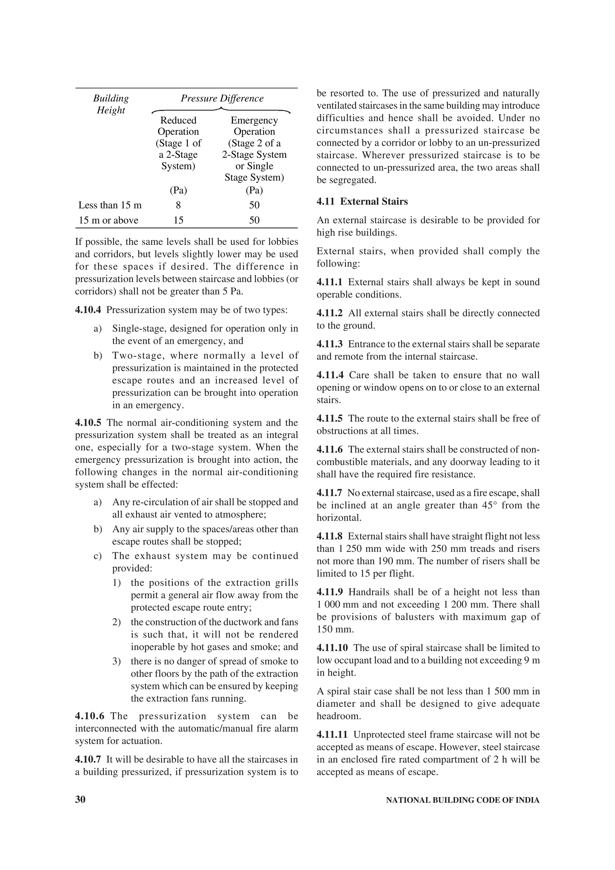 30 NATIONAL BUILDING CODE OF INDIA
Pressure Difference
Reduced
Operation
(Stage 1 of
a 2-Stage
System)
Emergency
Operation
(Stage 2 of a
2-Stage System
or Single
Stage System)
Building
Height
(Pa) (Pa)
Less than 15 m 8 50
15 m or above 15 50
If possible, the same levels shall be used for lobbies
and corridors, but levels slightly lower may be used
for these spaces if desired. The difference in
pressurization levels between staircase and lobbies (or
corridors) shall not be greater than 5 Pa.
4.10.4 Pressurization system may be of two types:
a) Single-stage, designed for operation only in
the event of an emergency, and
b) Two-stage, where normally a level of
pressurization is maintained in the protected
escape routes and an increased level of
pressurization can be brought into operation
in an emergency.
4.10.5 The normal air-conditioning system and the
pressurization system shall be treated as an integral
one, especially for a two-stage system. When the
emergency pressurization is brought into action, the
following changes in the normal air-conditioning
system shall be effected:
a) Any re-circulation of air shall be stopped and
all exhaust air vented to atmosphere;
b) Any air supply to the spaces/areas other than
escape routes shall be stopped;
c) The exhaust system may be continued
provided:
1) the positions of the extraction grills
permit a general air flow away from the
protected escape route entry;
2) the construction of the ductwork and fans
is such that, it will not be rendered
inoperable by hot gases and smoke; and
3) there is no danger of spread of smoke to
other floors by the path of the extraction
system which can be ensured by keeping
the extraction fans running.
4.10.6 The pressurization system can be
interconnected with the automatic/manual fire alarm
system for actuation.
4.10.7 It will be desirable to have all the staircases in
a building pressurized, if pressurization system is to
be resorted to. The use of pressurized and naturally
ventilated staircases in the same building may introduce
difficulties and hence shall be avoided. Under no
circumstances shall a pressurized staircase be
connected by a corridor or lobby to an un-pressurized
staircase. Wherever pressurized staircase is to be
connected to un-pressurized area, the two areas shall
be segregated.
4.11 External Stairs
An external staircase is desirable to be provided for
high rise buildings.
External stairs, when provided shall comply the
following:
4.11.1 External stairs shall always be kept in sound
operable conditions.
4.11.2 All external stairs shall be directly connected
to the ground.
4.11.3 Entrance to the external stairs shall be separate
and remote from the internal staircase.
4.11.4 Care shall be taken to ensure that no wall
opening or window opens on to or close to an external
stairs.
4.11.5 The route to the external stairs shall be free of
obstructions at all times.
4.11.6 The external stairs shall be constructed of non-
combustible materials, and any doorway leading to it
shall have the required fire resistance.
4.11.7 No external staircase, used as a fire escape, shall
be inclined at an angle greater than 45° from the
horizontal.
4.11.8 External stairs shall have straight flight not less
than 1 250 mm wide with 250 mm treads and risers
not more than 190 mm. The number of risers shall be
limited to 15 per flight.
4.11.9 Handrails shall be of a height not less than
1 000 mm and not exceeding 1 200 mm. There shall
be provisions of balusters with maximum gap of
150 mm.
4.11.10 The use of spiral staircase shall be limited to
low occupant load and to a building not exceeding 9 m
in height.
A spiral stair case shall be not less than 1 500 mm in
diameter and shall be designed to give adequate
headroom.
4.11.11 Unprotected steel frame staircase will not be
accepted as means of escape. However, steel staircase
in an enclosed fire rated compartment of 2 h will be
accepted as means of escape.
 