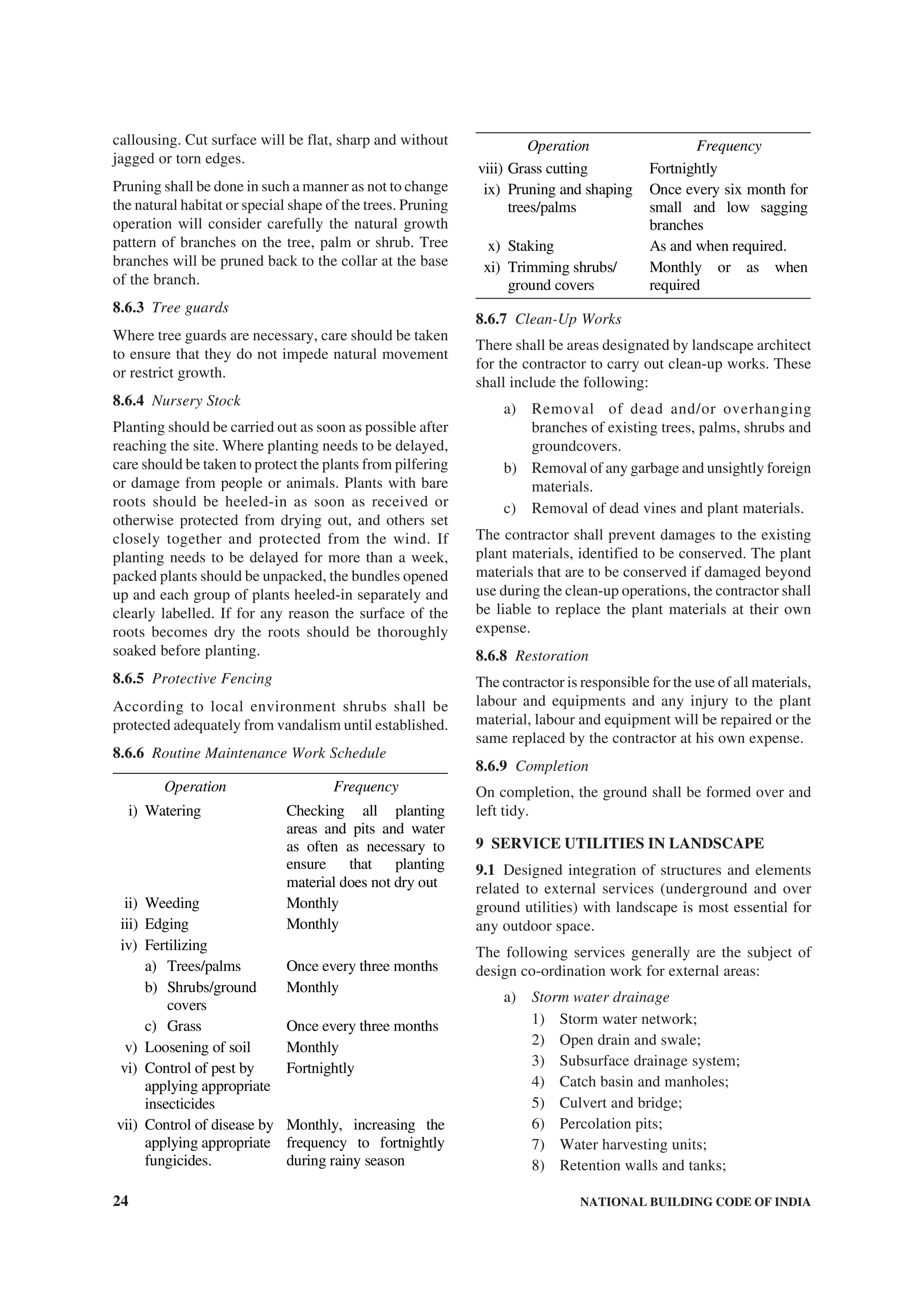 24 NATIONAL BUILDING CODE OF INDIA
callousing. Cut surface will be flat, sharp and without
jagged or torn edges.
Pruning shall be done in such a manner as not to change
the natural habitat or special shape of the trees. Pruning
operation will consider carefully the natural growth
pattern of branches on the tree, palm or shrub. Tree
branches will be pruned back to the collar at the base
of the branch.
8.6.3 Tree guards
Where tree guards are necessary, care should be taken
to ensure that they do not impede natural movement
or restrict growth.
8.6.4 Nursery Stock
Planting should be carried out as soon as possible after
reaching the site. Where planting needs to be delayed,
care should be taken to protect the plants from pilfering
or damage from people or animals. Plants with bare
roots should be heeled-in as soon as received or
otherwise protected from drying out, and others set
closely together and protected from the wind. If
planting needs to be delayed for more than a week,
packed plants should be unpacked, the bundles opened
up and each group of plants heeled-in separately and
clearly labelled. If for any reason the surface of the
roots becomes dry the roots should be thoroughly
soaked before planting.
8.6.5 Protective Fencing
According to local environment shrubs shall be
protected adequately from vandalism until established.
8.6.6 Routine Maintenance Work Schedule
Operation Frequency
i) Watering Checking all planting
areas and pits and water
as often as necessary to
ensure that planting
material does not dry out
ii) Weeding Monthly
iii) Edging Monthly
iv) Fertilizing
a) Trees/palms Once every three months
b) Shrubs/ground
covers
Monthly
c) Grass Once every three months
v) Loosening of soil Monthly
vi) Control of pest by
applying appropriate
insecticides
Fortnightly
vii) Control of disease by
applying appropriate
fungicides.
Monthly, increasing the
frequency to fortnightly
during rainy season
Operation Frequency
viii) Grass cutting Fortnightly
ix) Pruning and shaping
trees/palms
Once every six month for
small and low sagging
branches
x) Staking As and when required.
xi) Trimming shrubs/
ground covers
Monthly or as when
required
8.6.7 Clean-Up Works
There shall be areas designated by landscape architect
for the contractor to carry out clean-up works. These
shall include the following:
a) Removal of dead and/or overhanging
branches of existing trees, palms, shrubs and
groundcovers.
b) Removal of any garbage and unsightly foreign
materials.
c) Removal of dead vines and plant materials.
The contractor shall prevent damages to the existing
plant materials, identified to be conserved. The plant
materials that are to be conserved if damaged beyond
use during the clean-up operations, the contractor shall
be liable to replace the plant materials at their own
expense.
8.6.8 Restoration
The contractor is responsible for the use of all materials,
labour and equipments and any injury to the plant
material, labour and equipment will be repaired or the
same replaced by the contractor at his own expense.
8.6.9 Completion
On completion, the ground shall be formed over and
left tidy.
9 SERVICE UTILITIES IN LANDSCAPE
9.1 Designed integration of structures and elements
related to external services (underground and over
ground utilities) with landscape is most essential for
any outdoor space.
The following services generally are the subject of
design co-ordination work for external areas:
a) Storm water drainage
1) Storm water network;
2) Open drain and swale;
3) Subsurface drainage system;
4) Catch basin and manholes;
5) Culvert and bridge;
6) Percolation pits;
7) Water harvesting units;
8) Retention walls and tanks;
 