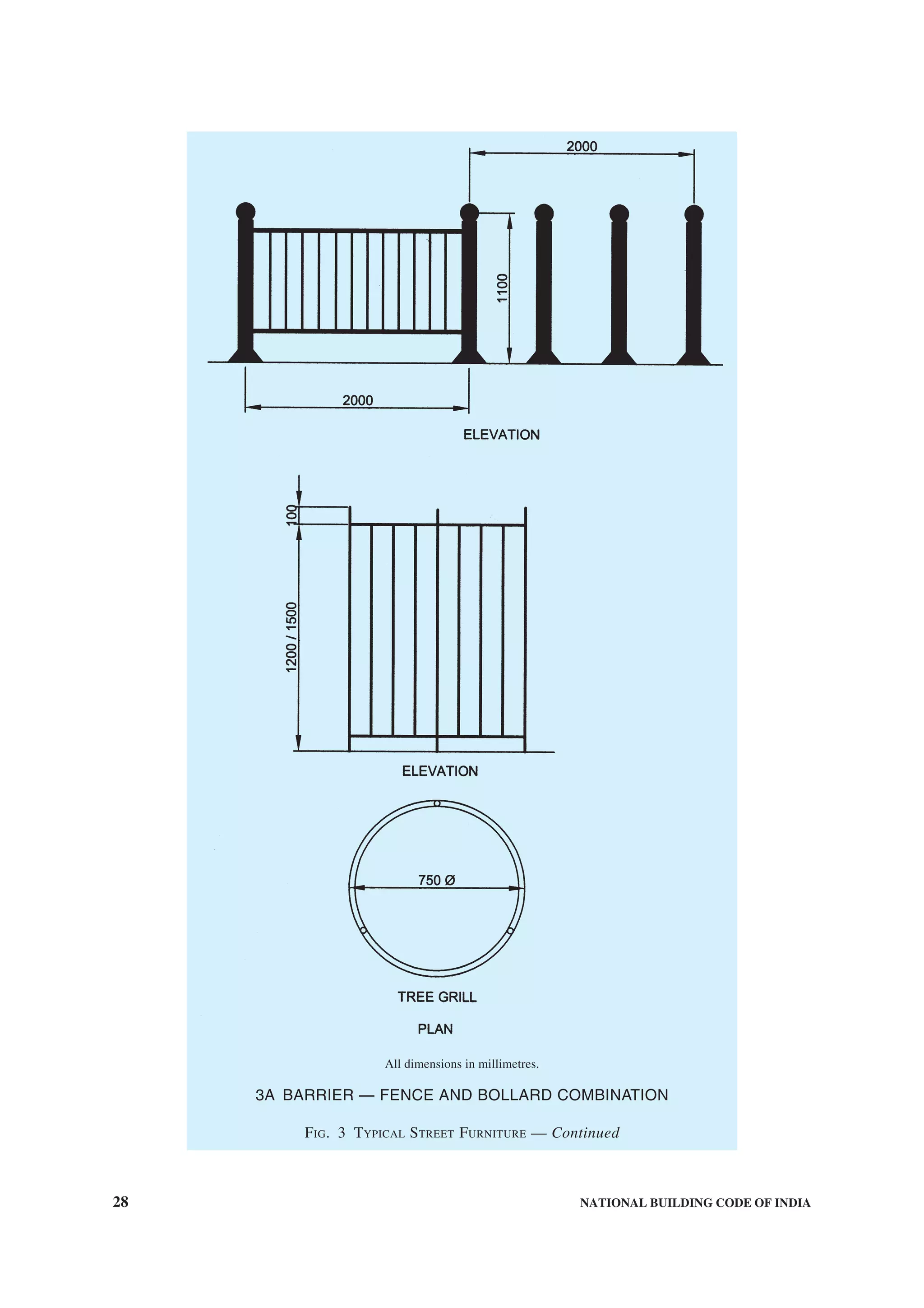 28 NATIONAL BUILDING CODE OF INDIA
All dimensions in millimetres.
3A BARRIER — FENCE AND BOLLARD COMBINATION
FIG. 3 TYPICAL STREET FURNITURE — Continued
 