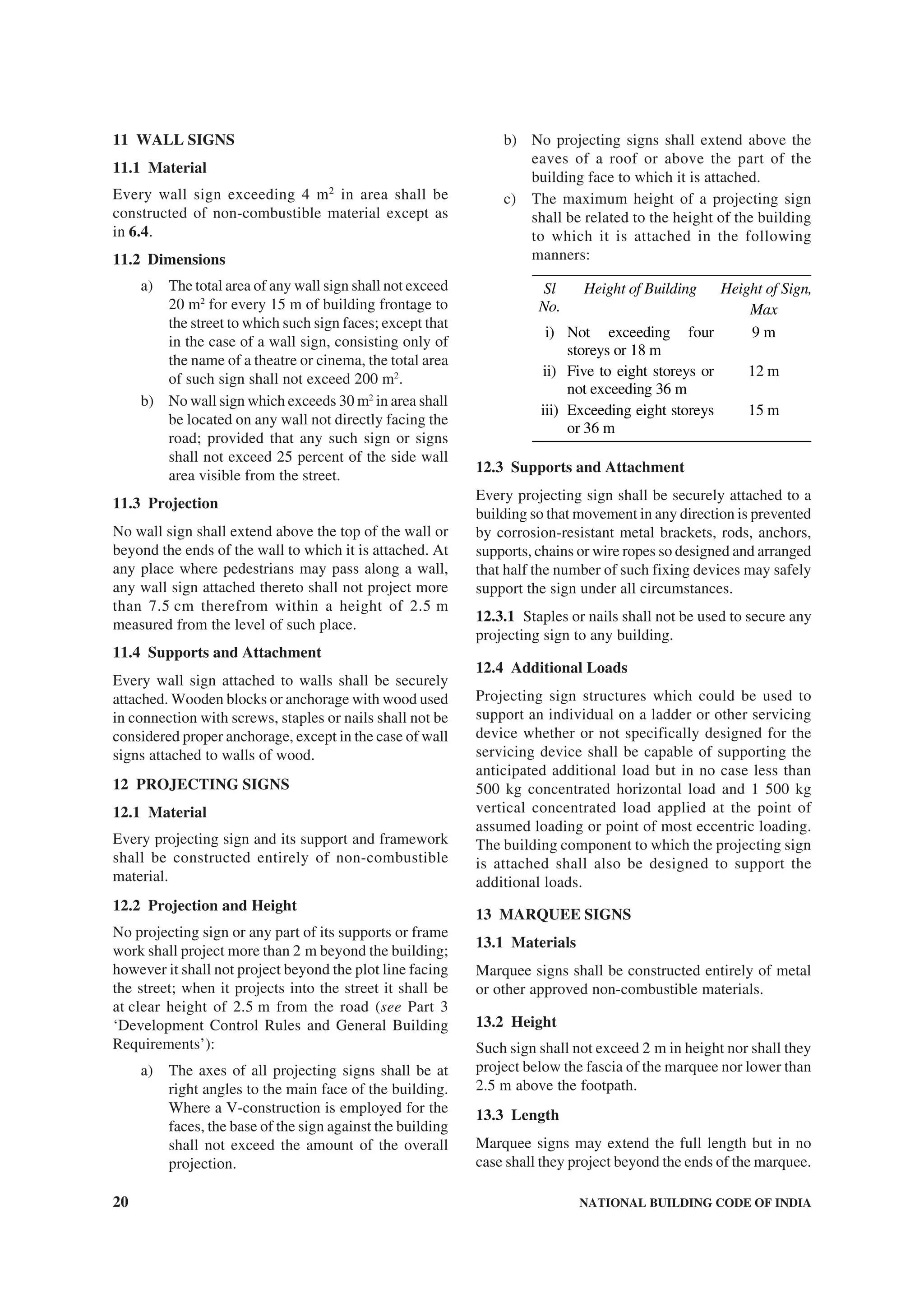 20 NATIONAL BUILDING CODE OF INDIA
11 WALL SIGNS
11.1 Material
Every wall sign exceeding 4 m2
in area shall be
constructed of non-combustible material except as
in 6.4.
11.2 Dimensions
a) The total area of any wall sign shall not exceed
20 m2
for every 15 m of building frontage to
the street to which such sign faces; except that
in the case of a wall sign, consisting only of
the name of a theatre or cinema, the total area
of such sign shall not exceed 200 m2
.
b) No wall sign which exceeds 30 m2
in area shall
be located on any wall not directly facing the
road; provided that any such sign or signs
shall not exceed 25 percent of the side wall
area visible from the street.
11.3 Projection
No wall sign shall extend above the top of the wall or
beyond the ends of the wall to which it is attached. At
any place where pedestrians may pass along a wall,
any wall sign attached thereto shall not project more
than 7.5 cm therefrom within a height of 2.5 m
measured from the level of such place.
11.4 Supports and Attachment
Every wall sign attached to walls shall be securely
attached. Wooden blocks or anchorage with wood used
in connection with screws, staples or nails shall not be
considered proper anchorage, except in the case of wall
signs attached to walls of wood.
12 PROJECTING SIGNS
12.1 Material
Every projecting sign and its support and framework
shall be constructed entirely of non-combustible
material.
12.2 Projection and Height
No projecting sign or any part of its supports or frame
work shall project more than 2 m beyond the building;
however it shall not project beyond the plot line facing
the street; when it projects into the street it shall be
at clear height of 2.5 m from the road (see Part 3
‘Development Control Rules and General Building
Requirements’):
a) The axes of all projecting signs shall be at
right angles to the main face of the building.
Where a V-construction is employed for the
faces, the base of the sign against the building
shall not exceed the amount of the overall
projection.
b) No projecting signs shall extend above the
eaves of a roof or above the part of the
building face to which it is attached.
c) The maximum height of a projecting sign
shall be related to the height of the building
to which it is attached in the following
manners:
Sl
No.
Height of Building Height of Sign,
Max
i) Not exceeding four
storeys or 18 m
9 m
ii) Five to eight storeys or
not exceeding 36 m
12 m
iii) Exceeding eight storeys
or 36 m
15 m
12.3 Supports and Attachment
Every projecting sign shall be securely attached to a
building so that movement in any direction is prevented
by corrosion-resistant metal brackets, rods, anchors,
supports, chains or wire ropes so designed and arranged
that half the number of such fixing devices may safely
support the sign under all circumstances.
12.3.1 Staples or nails shall not be used to secure any
projecting sign to any building.
12.4 Additional Loads
Projecting sign structures which could be used to
support an individual on a ladder or other servicing
device whether or not specifically designed for the
servicing device shall be capable of supporting the
anticipated additional load but in no case less than
500 kg concentrated horizontal load and 1 500 kg
vertical concentrated load applied at the point of
assumed loading or point of most eccentric loading.
The building component to which the projecting sign
is attached shall also be designed to support the
additional loads.
13 MARQUEE SIGNS
13.1 Materials
Marquee signs shall be constructed entirely of metal
or other approved non-combustible materials.
13.2 Height
Such sign shall not exceed 2 m in height nor shall they
project below the fascia of the marquee nor lower than
2.5 m above the footpath.
13.3 Length
Marquee signs may extend the full length but in no
case shall they project beyond the ends of the marquee.
 