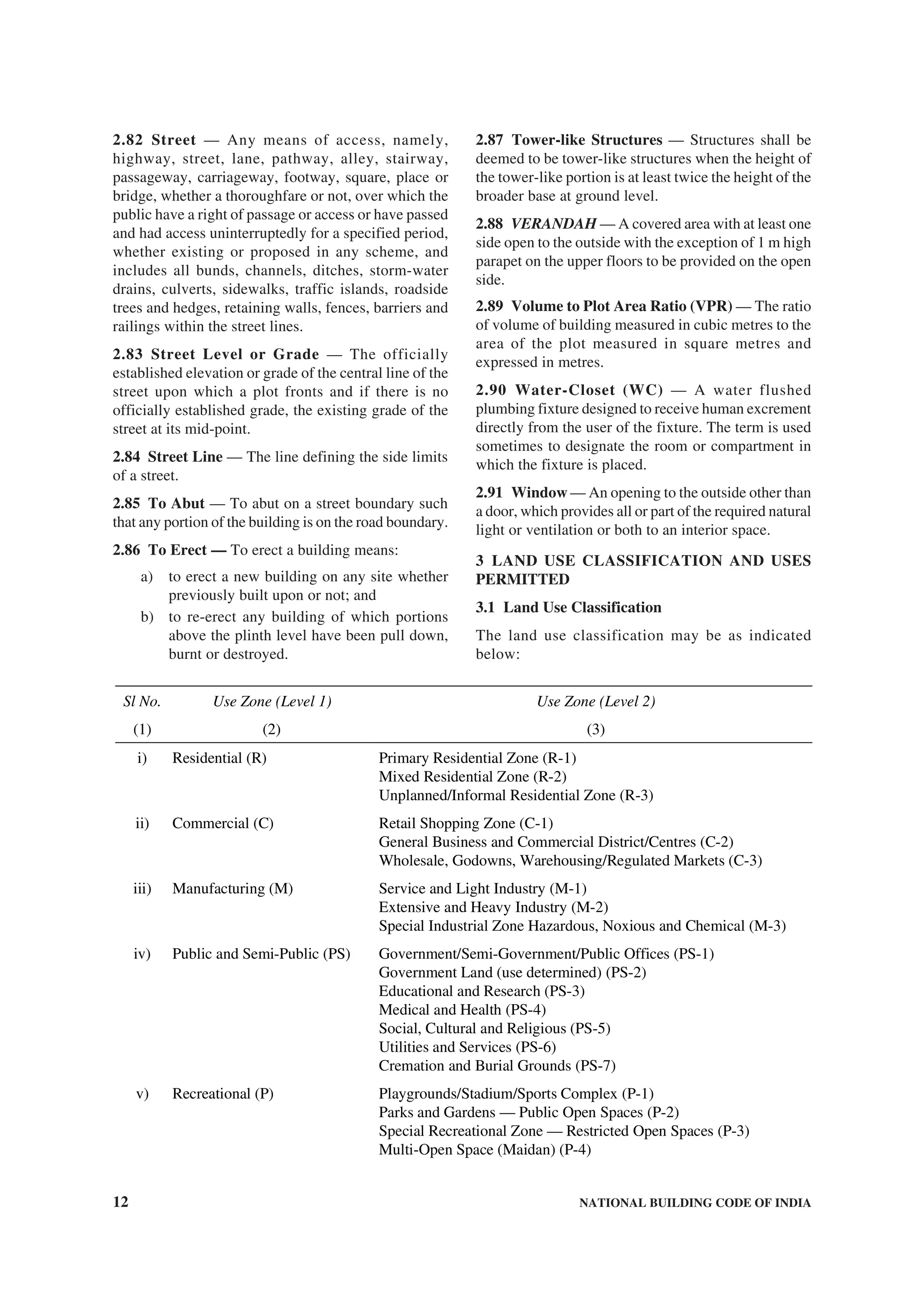12 NATIONAL BUILDING CODE OF INDIA
2.82 Street — Any means of access, namely,
highway, street, lane, pathway, alley, stairway,
passageway, carriageway, footway, square, place or
bridge, whether a thoroughfare or not, over which the
public have a right of passage or access or have passed
and had access uninterruptedly for a specified period,
whether existing or proposed in any scheme, and
includes all bunds, channels, ditches, storm-water
drains, culverts, sidewalks, traffic islands, roadside
trees and hedges, retaining walls, fences, barriers and
railings within the street lines.
2.83 Street Level or Grade — The officially
established elevation or grade of the central line of the
street upon which a plot fronts and if there is no
officially established grade, the existing grade of the
street at its mid-point.
2.84 Street Line — The line defining the side limits
of a street.
2.85 To Abut — To abut on a street boundary such
that any portion of the building is on the road boundary.
2.86 To Erect — To erect a building means:
a) to erect a new building on any site whether
previously built upon or not; and
b) to re-erect any building of which portions
above the plinth level have been pull down,
burnt or destroyed.
2.87 Tower-like Structures — Structures shall be
deemed to be tower-like structures when the height of
the tower-like portion is at least twice the height of the
broader base at ground level.
2.88 VERANDAH — A covered area with at least one
side open to the outside with the exception of 1 m high
parapet on the upper floors to be provided on the open
side.
2.89 Volume to Plot Area Ratio (VPR) — The ratio
of volume of building measured in cubic metres to the
area of the plot measured in square metres and
expressed in metres.
2.90 Water-Closet (WC) — A water flushed
plumbing fixture designed to receive human excrement
directly from the user of the fixture. The term is used
sometimes to designate the room or compartment in
which the fixture is placed.
2.91 Window — An opening to the outside other than
a door, which provides all or part of the required natural
light or ventilation or both to an interior space.
3 LAND USE CLASSIFICATION AND USES
PERMITTED
3.1 Land Use Classification
The land use classification may be as indicated
below:
Sl No. Use Zone (Level 1) Use Zone (Level 2)
(1) (2) (3)
i) Residential (R) Primary Residential Zone (R-1)
Mixed Residential Zone (R-2)
Unplanned/Informal Residential Zone (R-3)
ii) Commercial (C) Retail Shopping Zone (C-1)
General Business and Commercial District/Centres (C-2)
Wholesale, Godowns, Warehousing/Regulated Markets (C-3)
iii) Manufacturing (M) Service and Light Industry (M-1)
Extensive and Heavy Industry (M-2)
Special Industrial Zone Hazardous, Noxious and Chemical (M-3)
iv) Public and Semi-Public (PS) Government/Semi-Government/Public Offices (PS-1)
Government Land (use determined) (PS-2)
Educational and Research (PS-3)
Medical and Health (PS-4)
Social, Cultural and Religious (PS-5)
Utilities and Services (PS-6)
Cremation and Burial Grounds (PS-7)
v) Recreational (P) Playgrounds/Stadium/Sports Complex (P-1)
Parks and Gardens — Public Open Spaces (P-2)
Special Recreational Zone — Restricted Open Spaces (P-3)
Multi-Open Space (Maidan) (P-4)
 