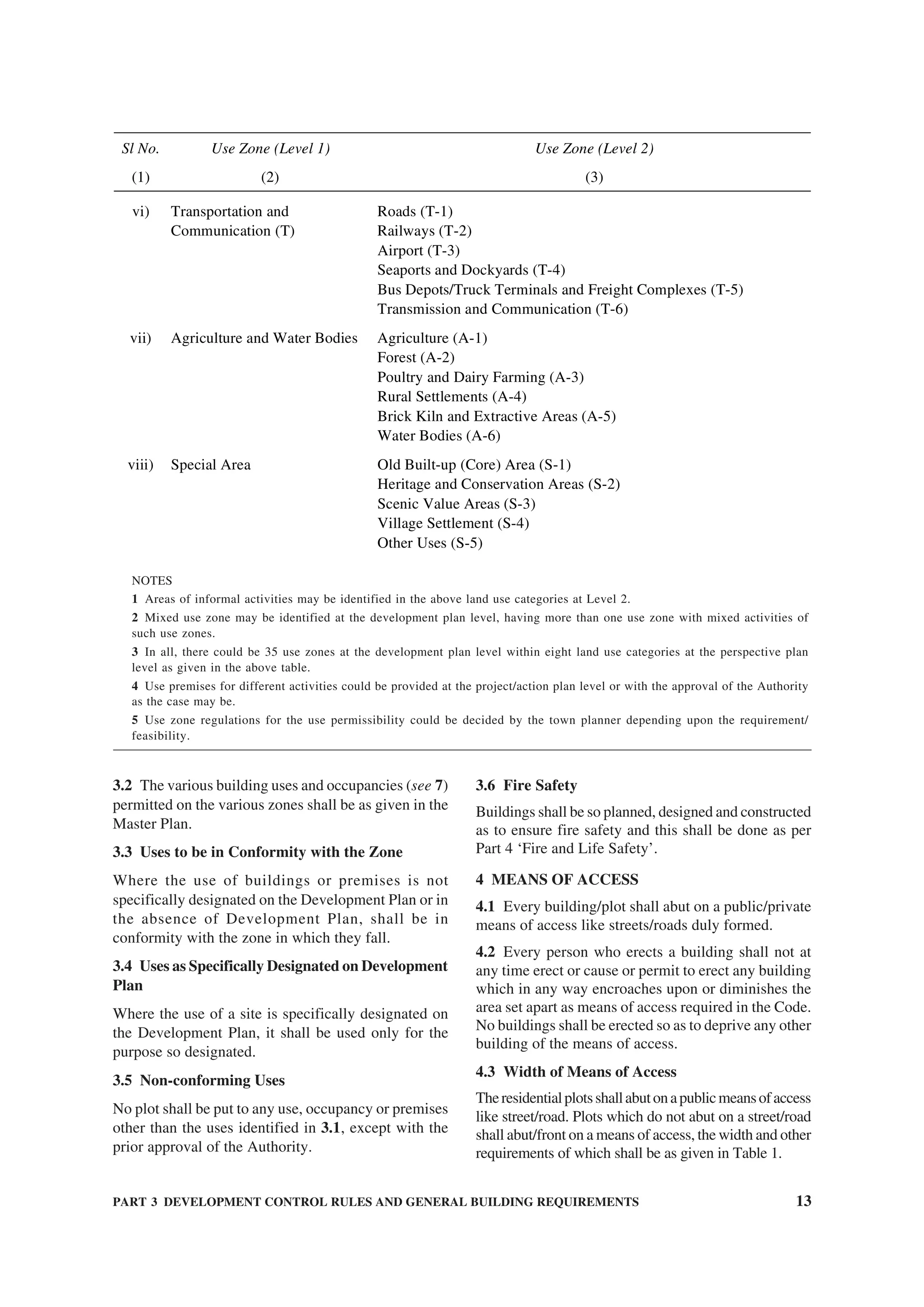 PART 3 DEVELOPMENT CONTROL RULES AND GENERAL BUILDING REQUIREMENTS 13
Sl No. Use Zone (Level 1) Use Zone (Level 2)
(1) (2) (3)
Roads (T-1)vi) Transportation and
Communication (T) Railways (T-2)
Airport (T-3)
Seaports and Dockyards (T-4)
Bus Depots/Truck Terminals and Freight Complexes (T-5)
Transmission and Communication (T-6)
vii) Agriculture and Water Bodies Agriculture (A-1)
Forest (A-2)
Poultry and Dairy Farming (A-3)
Rural Settlements (A-4)
Brick Kiln and Extractive Areas (A-5)
Water Bodies (A-6)
viii) Special Area Old Built-up (Core) Area (S-1)
Heritage and Conservation Areas (S-2)
Scenic Value Areas (S-3)
Village Settlement (S-4)
Other Uses (S-5)
NOTES
1 Areas of informal activities may be identified in the above land use categories at Level 2.
2 Mixed use zone may be identified at the development plan level, having more than one use zone with mixed activities of
such use zones.
3 In all, there could be 35 use zones at the development plan level within eight land use categories at the perspective plan
level as given in the above table.
4 Use premises for different activities could be provided at the project/action plan level or with the approval of the Authority
as the case may be.
5 Use zone regulations for the use permissibility could be decided by the town planner depending upon the requirement/
feasibility.
3.2 The various building uses and occupancies (see 7)
permitted on the various zones shall be as given in the
Master Plan.
3.3 Uses to be in Conformity with the Zone
Where the use of buildings or premises is not
specifically designated on the Development Plan or in
the absence of Development Plan, shall be in
conformity with the zone in which they fall.
3.4 Uses as Specifically Designated on Development
Plan
Where the use of a site is specifically designated on
the Development Plan, it shall be used only for the
purpose so designated.
3.5 Non-conforming Uses
No plot shall be put to any use, occupancy or premises
other than the uses identified in 3.1, except with the
prior approval of the Authority.
3.6 Fire Safety
Buildings shall be so planned, designed and constructed
as to ensure fire safety and this shall be done as per
Part 4 ‘Fire and Life Safety’.
4 MEANS OF ACCESS
4.1 Every building/plot shall abut on a public/private
means of access like streets/roads duly formed.
4.2 Every person who erects a building shall not at
any time erect or cause or permit to erect any building
which in any way encroaches upon or diminishes the
area set apart as means of access required in the Code.
No buildings shall be erected so as to deprive any other
building of the means of access.
4.3 Width of Means of Access
Theresidentialplotsshallabutonapublicmeansofaccess
like street/road. Plots which do not abut on a street/road
shall abut/front on a means of access, the width and other
requirements of which shall be as given in Table 1.
 