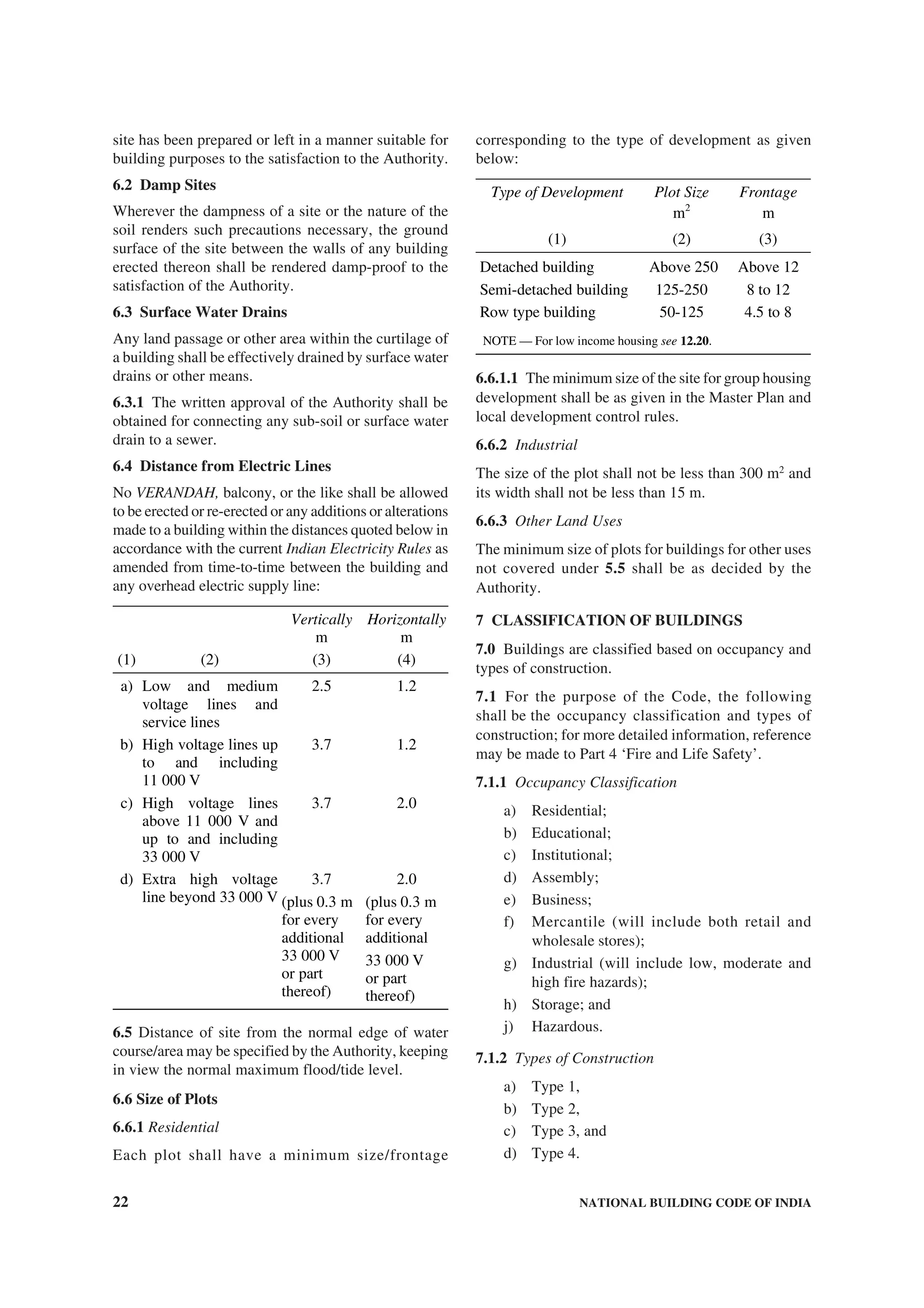 22 NATIONAL BUILDING CODE OF INDIA
corresponding to the type of development as given
below:
Type of Development Plot Size
m2
Frontage
m
(1) (2) (3)
Detached building Above 250 Above 12
Semi-detached building 125-250 8 to 12
Row type building 50-125 4.5 to 8
NOTE — For low income housing see 12.20.
6.6.1.1 The minimum size of the site for group housing
development shall be as given in the Master Plan and
local development control rules.
6.6.2 Industrial
The size of the plot shall not be less than 300 m2
and
its width shall not be less than 15 m.
6.6.3 Other Land Uses
The minimum size of plots for buildings for other uses
not covered under 5.5 shall be as decided by the
Authority.
7 CLASSIFICATION OF BUILDINGS
7.0 Buildings are classified based on occupancy and
types of construction.
7.1 For the purpose of the Code, the following
shall be the occupancy classification and types of
construction; for more detailed information, reference
may be made to Part 4 ‘Fire and Life Safety’.
7.1.1 Occupancy Classification
a) Residential;
b) Educational;
c) Institutional;
d) Assembly;
e) Business;
f) Mercantile (will include both retail and
wholesale stores);
g) Industrial (will include low, moderate and
high fire hazards);
h) Storage; and
j) Hazardous.
7.1.2 Types of Construction
a) Type 1,
b) Type 2,
c) Type 3, and
d) Type 4.
site has been prepared or left in a manner suitable for
building purposes to the satisfaction to the Authority.
6.2 Damp Sites
Wherever the dampness of a site or the nature of the
soil renders such precautions necessary, the ground
surface of the site between the walls of any building
erected thereon shall be rendered damp-proof to the
satisfaction of the Authority.
6.3 Surface Water Drains
Any land passage or other area within the curtilage of
a building shall be effectively drained by surface water
drains or other means.
6.3.1 The written approval of the Authority shall be
obtained for connecting any sub-soil or surface water
drain to a sewer.
6.4 Distance from Electric Lines
No VERANDAH, balcony, or the like shall be allowed
to be erected or re-erected or any additions or alterations
made to a building within the distances quoted below in
accordance with the current Indian Electricity Rules as
amended from time-to-time between the building and
any overhead electric supply line:
Vertically
m
Horizontally
m
(1) (2) (3) (4)
a) Low and medium
voltage lines and
service lines
2.5 1.2
b) High voltage lines up
to and including
11 000 V
3.7 1.2
c) High voltage lines
above 11 000 V and
up to and including
33 000 V
3.7 2.0
d) 3.7 2.0Extra high voltage
line beyond 33 000 V (plus 0.3 m
for every
additional
33 000 V
or part
thereof)
(plus 0.3 m
for every
additional
33 000 V
or part
thereof)
6.5 Distance of site from the normal edge of water
course/area may be specified by the Authority, keeping
in view the normal maximum flood/tide level.
6.6 Size of Plots
6.6.1 Residential
Each plot shall have a minimum size/frontage
 