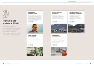 Mensaje del
Gerente General
Buscamos contribuir de manera positi-
va con la sociedad a través del valor de
nuestros productos y compartiendo los
beneficios generados a partir del trabajo
productivo que llevamos adelante entre
todos los empleados a diario.
Leer más
Página 8
Compromiso con el
Desarrollo Sostenible
Priorizamos la integración de la
sustentabilidad al negocio y
nos enfocamos en la eficiencia
operativa, cuidando a las personas
y su entorno.
Leer más
Página 22
Acerca de Minera
Alumbrera
Bajo de la Alumbrera es un
yacimiento en superficie de cobre,
oro y molibdeno, ubicado al
noroeste de Catamarca, Argentina.
Leer más
Página 13
Datos clave de
sostenibilidad
Resultados económicos, sociales y
ambientales de los últimos 3 años.
Leer más
Página 11
Gobernanza y
cumplimiento
Nuestro objetivo es mantener una
cultura de comportamiento y
cumplimiento éticos, además de
cumplir con lo exigido por leyes y
reglamentaciones.
Leer más
Página 17
Manejo de la
sustentabilidad
Hemos asumido el
compromiso de impulsar
una gestión sostenible
de nuestro negocio,
en el marco de una visión
de minería responsable.
Capítulo 1
6 7Minera Alumbrera • Informe de Sostenibilidad 2017Minera Alumbrera • Informe de Sostenibilidad 2017
	 Manejo de la sustentabilidad 	 Los temas relevantes del negocio 	 Sobre este informe
 
