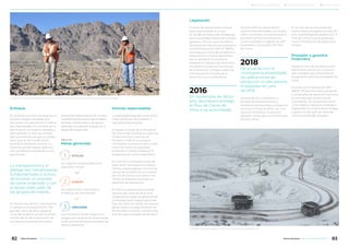 Enfoque
El cierre de una mina consiste en un
proceso integral complejo que
demanda una planificación ordena-
da y responsable. El horizonte de la
planificación se mide en décadas y
para delinear un plan se contem-
plan parámetros sociales y ambien-
tales, que se van modificando
durante la operación minera. La
importancia del trabajo radica en
que sus efectos trascienden a una
generación.
La transparencia y el
diálogo son herramientas
fundamentales a la hora
de encarar un proceso
de cierre ordenado y con
el apoyo adecuado de
los grupos de interés.
En Minera Alumbrera comenzamos
a trabajar en la planificación inte-
gral del Cierre de Mina desde el
inicio del proyecto, ya que el adveni-
miento del fin de la extracción de
recursos es inherente al proceso
Actores responsables
La responsabilidad del cierre está a
cargo de Minera Alumbrera, la
operadora del proyecto.
El estado, a través de la Secretaría
de Minería de Catamarca, supervisa
el Plan de Cierre, además de
fiscalizar y realizar sus propios
monitoreos durante el cierre y post
cierre. De hecho, la autoridad
supervisa el trabajo mediante 12
programas de control específicos.
En cuanto a la infraestructura del
yacimiento, se limpiará completa-
mente y desenergizará. A futuro se
cerrará de acuerdo con el contrato
de UTE de Minera Alumbrera con
YMAD, la empresa dueña de los
derechos de explotación.
En 2017 se implementó el comité
directivo de Cierre de Mina. Está
integrado por todas las gerencias de
la empresa para el seguimiento del
Plan de Cierre. Se revisan los avances
de las tareas y el aseguramiento de
los recursos humanos y económicos,
a fin de lograr los objetivos de cierre.
natural de toda producción minera.
La planificación alinea las variables
sociales, ambientales y de seguri-
dad bajo una gestión basada en el
desarrollo sostenible.
Legislación
El cierre de operaciones mineras
está contemplado en la Ley
N° 24.585 de Protección Ambiental
para la actividad minera de manera
genérica. Pero en junio de 2016 la
Secretaría de Minería de Catamarca
dictó la Resolución SEM N° 396/16,
que regula el cierre de las labores e
instalaciones mineras específicas.
Así, se aprobó la “Guía para la
elaboración del plan de cierre para
la industria minera en la provincia
de Catamarca” y obliga a todos los
concesionarios mineros de la
provincia a su cumplimiento.
En el caso de que se pueda dar
continuidad al proyecto a través de
otra metodología de explotación, el
Plan de Cierre se vería pospuesto
hasta la finalización de aquel ciclo
minero.
Provisión y garantía
financiera
Desde el inicio de las operaciones
Alumbrera cuenta con una provi-
sión contable que contempla las
erogaciones para las actividades de
cierre.
En línea con la Resolución SEM
396/16, Minera Alumbrera presentó
su propuesta de garantía financiera,
la cual está bajo análisis de las
autoridades. Dicha garantía tiene
como objetivo asegurar al estado y
resguardar el cumplimiento íntegro
y oportuno del plan de cierre de
mina por parte del operador.
A partir de allí comenzaría un
período de mantenimiento y
monitoreo de dos años y a posteriori
se inicia el Cierre de Mina, con una
duración de 8 años. A esto se le
agregan 5 años para los monitoreos
de post-cierre.
Durante 2017 se respondieron
aclaraciones solicitadas y se mantu-
vieron reuniones con personal de la
Secretaría de Minería provincial.
Como resultado, en agosto de 2017
se presentó una revisión del Plan
de Cierre.
Metas generales
los impactos ocasionados por la
operación minera.
una condición de sitio seguro, sin
riesgos para la salud de las personas
ni del entorno durante el proceso de
cierre y postcierre.
las instalaciones industriales y
rehabilitar las remanentes.
1
3
2
MITIGAR
ASEGURAR
SANEAR
De acuerdo con el
cronograma presentado,
las operaciones de
extracción a cielo abierto
finalizarían en julio
de 2018.
2018
En noviembre de dicho
año, Alumbrera entregó
el Plan de Cierre de
Mina a las autoridades.
2016
El alcance del Programa de Revegetación incluye la rehabilitación del suelo, la restauración del paisaje y mejoras en el hábitat.
El trabajo en la mina se realiza en horario diurno y nocturno los 365 días del año.
ODS 3, 6, 15
82 83Minera Alumbrera • Informe de Sostenibilidad 2017Minera Alumbrera • Informe de Sostenibilidad 2017
	 Manejo de la sustentabilidad 	 Los temas relevantes del negocio 	 Sobre este informe
 