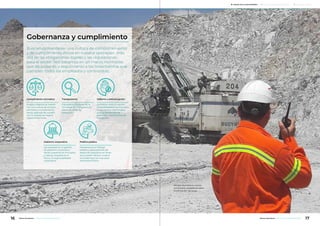 Gobernanza y cumplimiento
Buscamos mantener una cultura de comportamiento
y de cumplimiento éticos en nuestra operación, más
allá de las obligaciones legales y las regulaciones
para el sector. Nos basamos en un marco normativo
que da sustento y seguimiento a los lineamientos que
cumplen todos los empleados y contratistas.
Cumplimiento normativo
Nuestro objetivo es mante-
ner una cultura de compor-
tamiento y cumplimiento
éticos, además de cumplir
con lo exigido por leyes y
reglamentaciones.
Transparencia
Glencore es firmante de la
“Iniciativa de Transparencia
para Industrias de
Extracción”.
Gobierno corporativo
Los procesos en la gestión
de gobierno corporativo
tienen presente los Principios
y Valores, basados en la
ética y la responsabilidad
corporativa.
Soborno y anticorrupción
La Política Anticorrupción
Global establece las normas y
lineamientos relacionados
para la prevención de
sobornos u otras formas de
corrupción.
Política pública
Mantenemos el diálogo
público y participamos del
desarrollo legislativo en áreas
que puedan afectar nuestra
actividad bajo los más altos
estándares éticos.
Minera Alumbrera cuenta
con 3 palas cargadoras para
la extracción de rocas.
16 17Minera Alumbrera • Informe de Sostenibilidad 2017Minera Alumbrera • Informe de Sostenibilidad 2017
	 Manejo de la sustentabilidad 	 Los temas relevantes del negocio 	 Sobre este informe
 