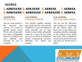 SCORES
1. A.3 B.2 C.1 D.0
2. A.0 B.1 C.2 D.3
3. A.0 B. C.2 D.3
4. A.3 B.2 C.1 D.0
5. A.3 B.2 C.0
6. A.3 B.2 C.1 D.0
7. A.0 B.3 C.1
8. A.0 B.3 C.1
0 to 8 Points
NOT for You
You are more suited to
the structure and
security of a cruise or
guided group travel.
We do not recommend
you take a self-guided
tour as it is likely to be
very difficult and
stressful for you to
complete.
9 to 16 Points
Consider Carefully
You should carefully examine
your goals for this trip and the
conditions. If you are aiming to
push yourself out of your
comfort zone a little, self-guided
could be a good fit but make
sure you are aware of conditions
(travel companions, location,
difficulty, etc.) before you
commit.
17 to 24 Points
You’ve got what it takes!
You are out for adventure
and looking for something
off the beaten path. You
know how to get where you
are going and take advantage
of any missed turns. Make
sure your travel companions
are all on-board for the same
trip and you should have a
blast!
 