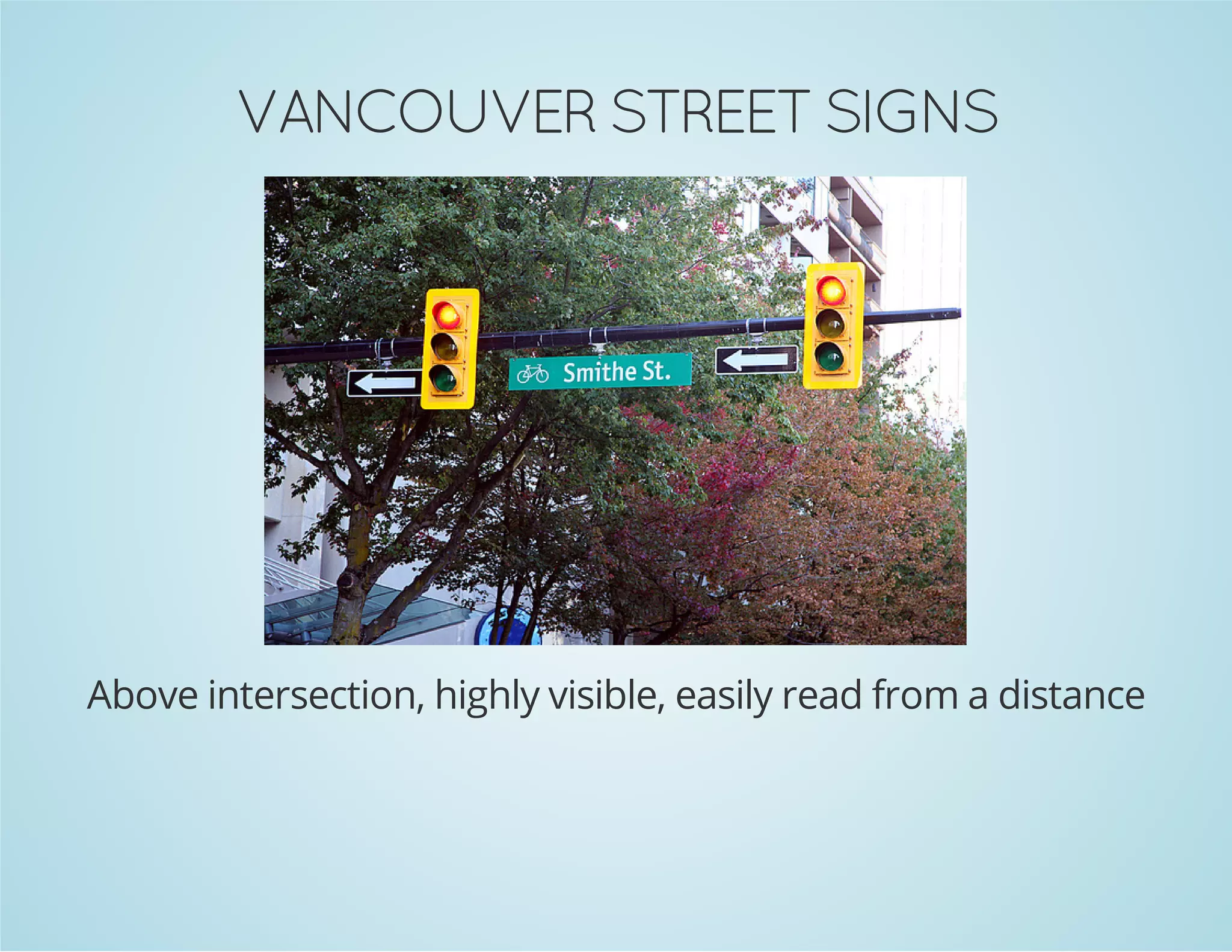 SNGIS TEERTS REVUOCNAV
Above intersection, highly visible, easily read from a distance

 