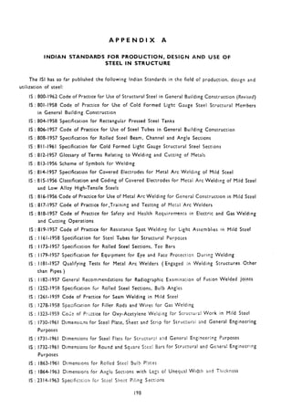 APPENDIX A
INDIAN STANDARDS FOR PRODUCTION, DESIGN AND USE OF
STEEL IN STRUCTURE
The ISI has so far published the following Indian Standards in the field of production, design and
utilization of steel:
IS : 800-1962 Code of Practice for Use of Structural Steel in General Building Construction (Revised)
IS : 801-1958 Code of Practice for Use of Cold Formed Light Gauge Steel Structural Members
in General Building Construction
IS : 804-1958 Specification for Rectangular Pressed Steel Tanks
IS : 806-1957 Code of Practice for Use of Steel Tubes in General Building Construction
IS : 808-1957 Specification for Rolled Steel Beam, Channel and Angle Sections
IS : 81 I-1961 Specification for Cold Formed Light Gauge Structural Steel Sections
IS : 812-1957 Glossary of Terms Relating to Welding and Cutting of Metals
IS : 813-1956 Scheme of Symbols for Welding
IS : 814-1957 Specification for Covered Electrodes for Metal Arc Welding of Mild Steel
IS : 815-1956 Classification and Coding of Covered Electrodes for Metal Arc Welding of Miid Steel
and Low Alloy High-Tensile Steels
IS : 816-1956 Code of Practice for Use of Metal Arc Welding for General Construction in Mild Steel
IS : 817-1957 Code of Practice for ,Training and Testtng of Mc:al ‘Arc Welders
IS : 818-1957 Code of Practice for Safety and Health Requirements in Electric and Gas Welding
and Cutting Operations
IS : 819-1957 Code of Practice for Resistance Spot Weldin g for Light Assemblies in Mild Steel
IS : 1161-1958 Specification for Steel Tubes for Structural Purposes
IS : 1173-1957 Specification for Rolled Steel Sections, Tee Bars
IS : 1179-1957 Specification for Equipment for Eye and Face Protection During Welding
IS : 1181-1957 Qualifying Tests for Metal Arc Welders (Engaged in Welding Structures Other
than Pipes )
IS : 1182-1957 General Recommendations for Radiographic Examination of Fusion Wdded lqints
IS : 252-1958 Specification for Rolled Steel Sections, Bulb Angies
IS : 261-1959 Code of Practice for Seam Welding in Mild Steel
IS : 278-1958 Specification for Filler Rods and Wires for Gas Welding
IS : 323-1959 Co;; of P:.;.:tice for Oxy-Acetylene Welding for Strucru!-al Work in Mild Steel
IS : 730-1961 Dimensicns for Steel Plate, Sheet and Strip for Structurai and General Engineering
Purposes
IS f 1731-1961 Dimensions for Steel Flats for Structural and General Engineering Purposes
1
IS : 1732-1961 Dimensions for Round and Square Stce, Bars for Structural and Genera! Engineering
Purposes
IS : 1863-1961 Dimensions for Rclled Steel Sulb Piates
IS : 1864-1963 Dimensions for Angle SectIons with Legs of Uneqcal Width and Thickness
IS : 2314-1963 Specific?.tion fcr Steel Sheet Piling Sections
I99
 