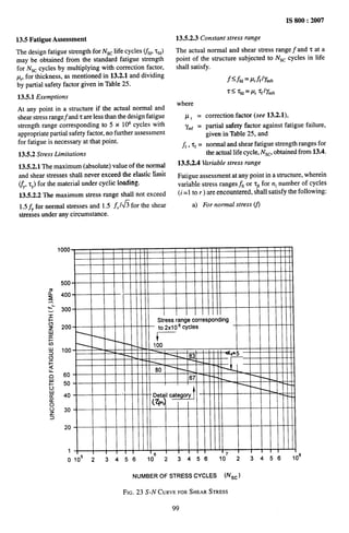 -_
13.5 Fatigue Assessment
The design fatigue strength for Nsc life cycles ~fd! ‘fd)
may be obtained from the standard fatigue strength
for Nsc cycles by multiplying with comection factor,
p,, for thickness, as mentioned in 13.2.1 and dividing
by partial safety factor given in Table 25.
13.5.1 Exemptions
At any point in a structure if the actual normal and
shear stress range~and ~ are less than the design fatigue
strength range corresponding to 5 x 106 cycles with
appropriate partial safety factor, no further assessment
for fatigue is necessary at that point.
13.5.2 Stress Limitations
13.5.2.1 The maximum (absolute) value of the normal
and shear stresses shall never exceed the elastic limit
(f,, ~,) for the material under cyclic loading.
13.5.2.2 The maximum stress range shall not exceed
1.5$ for normal stresses and 1.5 f,ifi for the shear
stresses under any circumstance.
IS 800:2007
13.5.2.3 Constant stress range
The actual normal and shear stress range f and z at a
point of the structure subjected to NsC cycles in life
shall satisfy.
f ‘ffd = P,.f#%ft
~ S ‘fd = #r ‘f IYmft
where
v, = correction factor (see 13.2.1),
71nf = partial safety factor against fatigue failure,
given in Table 25, and
fi, Tf = normal and shear fatigue strength ranges for
the actual life cycle, Nsc, obtained from 13.4.
13.5.2.4 Variable stress range
Fatigue assessment at any point in a structure, wherein
variable stress ranges jfi or 7$ for ni number of cycles
(i =1 to r ) are encountered, shall satisfy the following:
a) For normal stress (f)
0
IJJ
1-
Q
!JJ
cc 40 ~~Detail cateaotv TI --H_Hk
1 I I I I I I I I II I I I I I I I II I I I I I
I 1
[ I I
I
o 105 2 34561062 34561072 3456108
NUMBER OF STRESS CYCLES (f’f~c)
FIG. 23 S-N CURVE FOR SHEAR STRESS
99
 