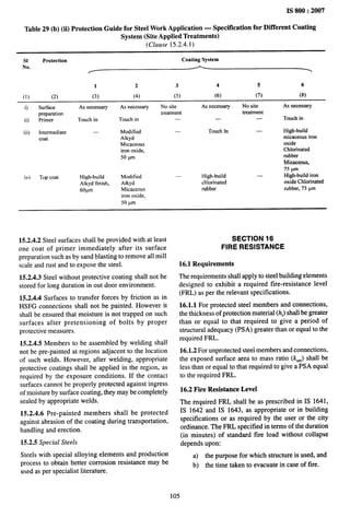 IS 800:2007
Table 29 (b) (ii) Protection Guide for Steel Work Application — Specification for Different Coating
System (Site Applied Treatments)
(Clause 15.2.4.1)
sl Protection Coating System
No.
/ -
1 2 3 4 5 6
(1) (2) (3) (4) (5) (6) (7) (8)
O Surface
preparation
ii) Primer
iii) Intermediate
coat
iv) TOPcoat
As necessary As necessary
Touchin Touchin
Modified
Alkyd
Micaceous
ironoxide,
50 ~m
High-build Modified
Alkyd finish, Alkyd
60~m Micaceous
iron oxide,
50 pm
No site Asnecessary No site As necessary
treatment treatment
— — — Touchin
— Touchtn — High-build
micaceousiron
oxide
Chlorinated
rubber
Micaceous,
— High-build
chlorinated
75 pm
— H@t-build iron
oxide Chlorinated
rubber rubber, 75 ~m
15.2.4.2 Steel surfaces shall be provided with at least
one coat of primer immediately after its surface
preparation such as by sand blasting to remove all mill
scale and rust and to expose the steel.
15.2.4.3 Steel without protective coating shall not be
stored for long duration in out door environment.
15.2.4.4 Surfaces to transfer forces by friction as in
HSFG connections shall not be painted. However it
shall be ensured that moisture is not trapped on such
surfaces after pretensioning of bolts by proper
protective measures.
15.2.4.5 Members to be assembled by welding shall
not be pre-painted at regions adjacent to the location
of such welds. However, after welding, appropriate
protective coatings shall be applied in the region, as
required by the exposure conditions. If the contact
surfaces cannot be properly protected against ingress
of moisture by surface coating, they maybe completely
sealed by appropriate welds.
15.2.4.6 Pre-painted members shall be protected
against abrasion of the coating during transportation,
handling and erection.
15.2.5 Special Steels
Steels with special alloying elements and production
process to obtain better corrosion resistance may be
used as per specialist literature.
SECTION 16
FIRE RESISTANCE
16.1 Requirements
The requirements shall apply to steel building elements
designed to exhibit a required fire-resistance level
(FRL) as per the relevant specifications.
16.1.1 For protected steel members and connections,
the thickness of protection material (hi) shall be greater
than or equal to that required to give a period of
structural adequacy (PSA) greater than or equal to the
required FRL.
16.1.2 For unprotected steel members and connections,
the exposed surface area to mass ratio (k,~) shall be
less than or equal to that required to give a PSA equal
to the required FRL.
16.2 Fire Resistance Level
The required FRL shall be as prescribed in IS 1641,
IS 1642 and IS 1643, as appropriate or in building
specifications or as required by the user or the city
ordinance. The FRL specified in terms of the duration
(in minutes) of standard fire load without collapse
depends upon:
a) the purpose for which structure is used, and
b) the time taken to evacuate in case of fire.
105
 