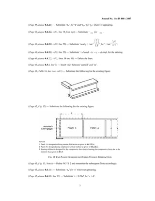 Amend No. 1 to IS 800 : 2007
(Page 59, clause 8.4.2.1) — Substitute ‘ε w’ for ‘ε’ and ‘fyw’ for ‘fy’, wherever appearing.
(Page 60, clause 8.4.2.2, col 1, line 18 from top) — Substitute cr,e cr,e
‘
τ ’ ‘t ’
for .
(Page 60, clause 8.4.2.2, col 2, line 52) — Substitute ‘nearly = tan-1
1.5
d
c
 
 
 
’ for ‘ = tan-1
d
c
 
 
  ’.
(Page 60, clause 8.4.2.2, col 2, line 55) — Substitute ‘= d cosф – (c – sc – st) sinф, for the existing.
(Page 60, clause 8.4.2.2, col 2, lines 59 and 60) — Delete the lines.
(Page 60, clause 8.5.1, line 3) — Insert ‘out’ between ‘carried’ and ‘in’.
(Page 61, Table 16, last row, col 1) — Substitute the following for the existing figure:
(Page 62, Fig. 12) — Substitute the following for the existing figure:
NOTES
1 Panel A is designed utilizing tension field action as given in 8.4.2.2(b).
2 Panel B is designed using simple post critical method as given in 8.4.2.2(a).
3 Bearing stiffener is designed for the compressive force due to bearing plus compressive force due to the
moment Mtf as given in 8.5.3.
FIG. 12 END PANEL DESIGNED NOT USING TENSION FIELD ACTION
(Page 63, Fig. 13, Notes) — Delete NOTE 2 and renumber the subsequent Note accordingly.
(Page 63, clause 8.6.1.1) — Substitute ‘εw’ for ‘ε’ wherever appearing.
(Page 63, clause 8.6.1.1, line 13) — Substitute ‘c < 0.74d’ for ‘c < d’.
3
 