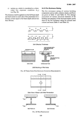 IS 800:2007
c) section as a whole is considered as a three- 16.11 Fire Resistance Rating
sided fire exposure condition (k,~)
(see Fig. 26).
The fire resistance rating of various building
components such as walls, columns, beams, and floors
This thickness shall be applied over the full beam depth are given in Table 31 and Table 32. Fire damage
and shall extend on each side of the penetration for a assessment of various structural elements of the
distance at least equal to the beam depth and not less building and adequacy of the structural repairs can be
than 300 mm, done by the fire resistance rating for encased steel
column and beam (Table 31 and Table 32).
t
h-%lkr-E3ki’-J
& - i% .>
25A Effective Thickness
VOID BLOCKED WITH
FIREPROTECTION
~RETE SLAB MATERIAL
}
/’
4
STEELBEAM
FIREPROTECTION
MATERIAL
SIDEVIEW CROSS SECTION
25B Blocking of Rib Voids
FIG. 25 THREESIDEDFIRE EXPOSURE
CONDITION
REQUIREMENTS
w
Side View of Beam with Web Penetration
. . .. ......#...:,.
.. . . . .. . -., .,., . . . . .
kSmf
ii
SECTIONA-A SECTIONB-B
FIG. 26 WEB PENETRATION
109
 