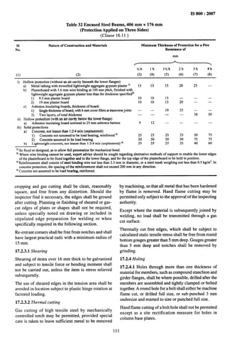 ..
_,.,_ _.
IS 800:2007
Table 32 Encased Steel Beams, 406 mm x 176 mm
(Protection Applied on Three Sides)
(Clause 16.11 )
S1 Nature of Construction and Materials Minimum Thickness of Protection for a Fire
No. Resistance of
mm
/
A
?
1/2 h Ih lfih 2h 3h 4h
(1) (2) (3) (4) (5) (6) (7) (8)
i) Hollowprotection(withoutan air cavitybeneaththe lowerflanges):
a) Metallathingwithtrowelledlightweightaggregategypsumplaster’) 13 13 15 20 25
b) Plasterboardwith 1.6mm wire binding at 100mm pitch, finished with
lightweight aggregate gypsum plaster less than the thickness specitiedz)
1) 9.5 mm plaster board 10 10 15 — — —
2) 19 mm plaster board 10 10 13 20 —
c) Asbestosinsulatingboards, thickness of board
1) Singlettdcknessof board,with 6 mm coverfilletsattransversejoints — — 19 25 —
2) Twolayers,of total thickness — — — — 38 50
ii) HO11OW
protection(withan air cavitybelowthe lowerflange)
@ Asbestosinsulatingboard screwed to 25 mm asbestos battens 9 12 — —
iii) Solid protections
a) Concrete, not leaner than 1:2:4mix (unpkistered):
1) Concrete not assumed to be load bearing, reinforced 3) 25 25 25 25 50 75
2) Concrete assumed to be load bearing 50 50 50 50 75 75
b) Lightweightconcrete,not leanerthan 1:2:4mix(unplastered)4) 25 25 25 25 40 60
1)so fixedordesigned,asto allowfullpenetrationformechanicalbond.
‘)Wherewirebindingc~not be used,expertadviceshouldbe soughtregarding akemative methods OfSupportto enablethe loweredges
oftheplasterboard to be fixed together and to the lower flange, and for the top edge of the plasterboard to be held in position.
3)Reinforcement shall consist of s~el binding wire not less than 2.3 mm in diameter, or a steel mesh weighing not less than o.5 k~mz. In
concrete protection, the spacing of the reinforcement shall not exceed 200 mm in any direction.
4)Concrete
notassumed to be load bearing, reinforced.
cropping and gas cutting shall be clean, reasonably
square, and free from any distortion. Should the
inspector find it necessary, the edges shall be ground
after cutting. Planning or finishing of sheared or gas-
cut edges of plates or shapes shall not be required,
unless specially noted on drawing or included in
stipulated edge preparation for welding or when
specifically required in the following section.
Re-entrant comers shall be free from notches and shall
have largest practical radii with a minimum radius of
15 mm.
17.2.3.1 Shearing
Shearing of items over 16 mm thick to be galvanized
and subject to tensile force or bending moment shall
not be carried out, unless the item is stress relieved
subsequently.
The use of sheared edges in the tension area shall be
avoided in location subject to plastic hinge rotation at
factored loading.
17.2.3.2 Thermal cutting
Gas cutting of high tensile steel by mechanically
controlled torch may be permitted, provided special
care is taken to leave sufficient metal to be removed
by machining, so that all metal that has been hardened
by flame is removed. Hand flame cutting may be
permitted only subject to the approval of the inspecting
authority.
Except where the material is subsequently joined by
welding, no load shall be transmitted through a gas
cut surface.
Thermally cut free edges, which shall be subject to
calculated static tensile stress shall be free from round
bottom gouges greater than 5 mm deep. Gouges greater
than 5 mm deep and notches shall be removed by
grinding.
17.2.4 Holing
17.2.4.1 Holes through more than one thickness of
material for members, such as compound stanchion and
girder flanges, shall be where possible, drilled after the
members are assembled and tightly clamped or bolted
together. Around hole for a bolt shall either be machine
flame cut, or drilled full size, or sub-punched 3 mm
undersize and reamed to size or punched full size.
Hand flame cutting of a bolt hole shall not be permitted
except as a site rectification measure for holes in
column base plates.
111
 