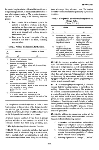 Each criterion given in the table shall be considered as
a separate requirement, to be satisfied independent of
any other tolerance criteria. The erection tolerances
specified in Table 33 apply to the following reference
points:
a) For a column, the actual centre point of the
column at each floor level and at the base,
excluding any base-plate or cap-plate. The
level of the base plate on pedestal shall be so
as to avoid contact with soil and corrosive
environment; and
b) For a beam, the actual centre point of the top
surface at each end of the beam, excluding
any end-plate.
Table 33 Normal Tolerances After Erection
L% Criterion Permitted Deviation
No.
(1) (2) (3)
O
ii)
iii)
iv)
v)
Deviation of distance
between adjacent columns
Inclinationof a columnin a
multi-storey building
between adjacent floor
levels
Deviation of location of a
column in a multi-storey
building at any floor level
from a vertical line
through the intended
location of the column
base
Inclination ofa column in
a single storey building,
(not supporting a crane
gantry) r)therthan a portal
frame
Inclination of the column
of a portal frame (not
supporting a crane gantry)
5 mm
0.002h,
where, h, is the storey height
0.0035 z M+”’
where, z hb is the total height
from the base to the floor
level concerned and n is the
number of storeys from the
base to the floor level
concerned
0.003 5h.
where, h. is the height of the
column
Mean:0.002h,
Individual: O.OIOhC
where h, is the height of the
column
The straightness tolerances specified in Table 34 have
been assumed in the derivation of the design stress for
the relevant type of member. Where the curvature
exceeds these values, the effect of additional curvature
on the design calculations shall be reviewed.
A tension member shall not deviate from its correct
position relative to the members to which it is
connected by more than 3 mm along any setting axis.
17.13.4 Safety During Fabrication and Erection
17.13.4.1 All steel materials including fabricated
structures, either at fabrication shop or at erection site,
shall be handled only by a worker skilled in such jobs;
where necessary with load tested lifting devices, having
IS 800:2007
tested wire rope slings of correct size. The devices
should be well maintained and operated by experienced
operators.
Table 34 Straightness Tolerances Incorporated in
Design Rules
(Clause 7.13.3.1)
S1 Criterion Permitted Deviation
No.
(1) (2) (3)
O Straightness of a column (or
other compression member)
between points which will be
laterally restrained on
completion of erection
ii) Straightness of a
compressionflangeof a
beam,relativeto the weak
axis,betweenpoints,which
willbe laterallyrestrainedon
completionof erection.
0.00 IL generally, and
0.002L for members with
hollow cross-sections;
where, L is the length
between points which will
be laterally restrained
0.001L generally, and
0.002L for members with
hollow cross-sections;
where, L is the length
between points which will
be laterally restrained
17.13.4.2 Oxygen and acetylene cylinders and their
hoses shall have distinctive colours. Cylinders should
be stored in upright position in well-ventilated rooms
or in open air, not exposed to flames, naked lights or
extreme heat and should also be in upright position
when they are being used. All gas cutting works shall
be done only by experienced skilled gas cutters,
equipped with gloves, boots, aprons, goggles and good
cutting sets of approved make.
17.13.4.3 While doing any welding work, it should be
ensured that the welding machine is earthed and the
welding cables are free from damage. The welder and
his assistant shall use a face shield or head shield with
a welding lens and clear cover glass and their hands,
legs and bodies shall be well protected by leather
gloves, shoes and aprons. Combustible materials should
be kept away from the sparks and globules of molten
metals generated in any arc welding. In case of welding
in a confined place, it should be provided with an
exhaust system to take care of the harmful gases, fumes
and dusts generated.
17.13.4.4 In addition to precautions against all the
hazards mentioned above, erection workers shall also
be protected in the following manne~
a) All workers shall wear helmets and shall also
be provided with gloves and shoes. In addition
those working at heights shall use safety belts.
b) All structures shall be so braced/guyed during
erection that there is no possibility of collapse
before erection work is completed.
c) Warning signs such as ‘Danger’, ‘Caution’,
115
 
