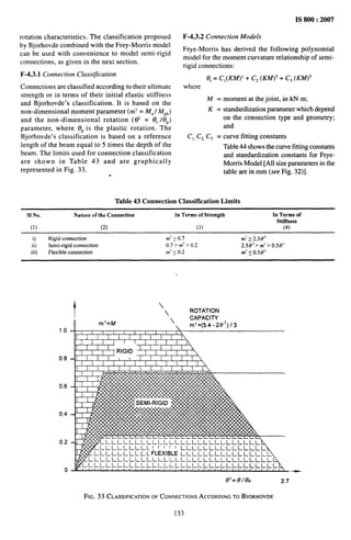 —
IS 800:2007
rotation characteristics. The classification proposed
by Bjorhovde combined with the Frey-Morris model
can be used with convenience to model semi-rigid
connections, as given in the next section.
F-4.3.1 Connection Classification
Connections are classified according to their ultimate
strength or in terms of their initial elastic stiffness
and Bjorhovde’s classification. It is based on the
non-dimensional moment parameter (m’ = MU/ MP~)
and the non-dimensional rotation (01 = 0, /eP)
parameter, where f)Pis the plastic rotation. The
Bjorhovde’s classification is based on a reference
length of the beam equal to 5 times the depth of the
beam. The limits used for connection classification
are shown in Table 43 and are graphically
represented in Fig. 33.
●
F-4.3.2 Connection Models
Frye-Morris has derived the following polynomial
model for the moment curvature relationship of semi-
rigid connections:
e,= Ckums + C2UGW3+ C3OWP
where
Al = moment at the joint, in kN m;
K = standardization parameter which depend
on the connection type and geometry;
and
Cl, C2,CS = curve fitting constants
Table 44 shows the curve fitting constants
and standardization constants for Frye-
Morris Model [All size parameters in the
table are in mm (see Fig. 32)].
Table 43 Connection Classification Limits
S1No. Nature of the Connection In Terms of Strength In Terms of
Stiffness
(1) (2) (3) (4)
i) Rigid connection ml >0.7 m1~2.50[
ii) Semi-rigid connection 0.7> m’ >0.2 2.5t9’>trr’> 0.5(1’
iii) Flexibleconnection r?r~
<0.2 m’<0.50’
1.0
0.8
0,6
0.4
0.2
0
I  ROTATION
-
8/= 618P 2.7
FIG. 33 CLASSIFICATION
OF CONNECTIONS ACCORDINGTOBJORHOVDE
133
 