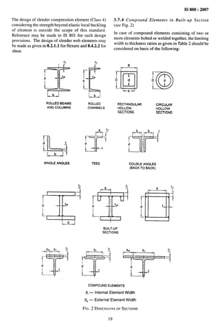 ——
IS 800:2007
The design of slender compression element (Class 4)
considering the strength beyond elastic local buckling
of element is outside the scope of this standard.
Reference may be made to IS 801 for such design
provisions. The design of slender web elements may
be made as given in 8.2.1.1 for flexure and 8.4.2.2 for
shear,
tf
CIE
d
tw
L-d
ROLLEDBEAMS
ANDCOLUMNS
SINGLEANGLES
t,
1
l---u
be b, ‘f
--ml
T
+
d
L ,t
tf
iE
r tw
h
L
b
ROLLED
CHANNELS
r%?
r-f
d
T
~t
TEES
3.7.4 Compound Elements in Built-up Section
(see Fig. 2)
In case of compound elements consisting of two or
more elements bolted or welded together, the limiting
width to thickness ratios as given in Table 2 should be
considered on basis of the following:
l-=---i
u
D d
b--
m
D d
RECTANGULAR CIRCULAR
HOLLOW HOLLOW
SECTIONS SECTIONS
DOUBLEANGLES
(BACKTO BACK)
t,
T
rbl
d tw
l!
BUILT-UP
SECTIONS
COMPOUNDELEMENTS
bi — Internal Element Width
b, — External Element Width
FIG. 2 DIMENSIONS
OFSECTIONS
19
 