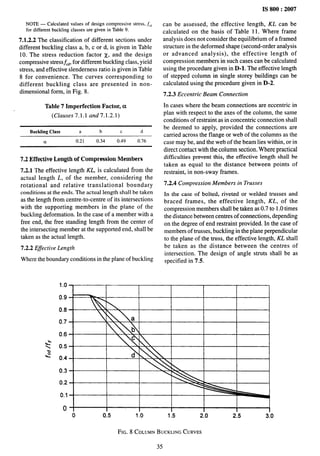 . ._.
_ , . b.
IS 800:2007
NOTE — Calculated values of design compressive stress,.fi~
for different buckling classes are given in Table 9.
7.1.2.2 The classification of different sections under
different buckling class a, b, c or d, is given in Table
10. The stress reduction factor X, and the design
compressive stress~,~, for different buckling class, yield
stress, and effective slenderness ratio is given in Table
8 for convenience. The curves corresponding to
different buckling class are presented in non-
dimensional form, in Fig. 8.
Table 7 Imperfection Factor, et
(Chzuse.s7.l.l arzd7.1.2.1)
Buckling Class a b c d
a 0.21 0.34 0.49 0.76
7.2 Effective Length of Compression Members
7.2.1 The effective length KL, is calculated from the
actual length L, of the member, considering the
rotational and relative translational boundary
conditions at the ends. The actual length shall be taken
as the length from centre-to-centre of its intersections
with the supporting members in the plane of the
buckling deformation. In the case of a member with a
free end, the free standing length from the center of
the intersecting member at the supported end, shall be
taken as the actual length.
7.2.2 Effective Length
Where the boundary conditions in the plane of buckling
1.0
0.9
0.8
0.7
0.6
0.5
0.4
0.3
0.2
0.1
0
can be assessed, the effective length, KL can be
calculated on the basis of Table 11. Where frame
analysis does not consider the equilibrium of a framed
structure in the deformed shape (second-order analysis
or advanced analysis), the effective length of
compression members in such cases can be calculated
using the procedure given in D-1. The effective length
of stepped column in single storey buildings can be
calculated using the procedure given in D-2.
7.2.3 Eccentric Beam Connection
In cases where the beam connections are eccentric in
plan with respect to the axes of the column, the same
conditions of restraint as in concentric connection shall
be deemed to apply, provided the connections are
carried across the flange or web of the columns as the
case may be, and the web of the beam lies within, or in
direct contact with the column section, Where practical
difficulties prevent this, the effective length shall be
taken as equal to the distance between points of
restraint, in non-sway frames.
7.2.4 Compression Members in Trusses
In the case of bolted, riveted or welded trusses and
braced frames, the effective length, KL, of the
compression members shall be taken as 0.7 to 1.0 times
the distance between centres of connections, depending
on the degree of end restraint provided. In the case of
members of trusses, buckling in the plane perpendicular
to the plane of the truss, the effective length, KL shall
be taken as the distance between the centres of
intersection. The design of angle struts shall be as
specified in 7.5.
0 0.5 1.0 1,5 2:0 2;5 3;0
FIG. 8 COLUMNBUCKLING
CURVES
35
 