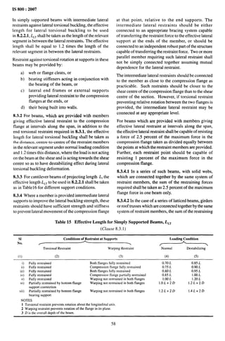 IS 800:2007
Insitnply supported beams with intermediate lateral
restraints against lateral torsional buckling, the effective
length for lateral torsional buckling to be used
in 8.2.2.1, ~~ shall be taken as the length of the relevant
segment in between the lateral restraints. The effective
length shall be equal to 1.2 times the length of the
relevant segment in between the lateral restraints.
Restraint against torsional rotation at supports in these
beams may be provided by:
a) web or flange cleats, or
b) bearing stiffeners acting in conjunction with
the bearing of the beam, or
c) lateral end frames or external supports
providing lateral restraint to the compression
flanges at the ends, or
d) their being built into walls.
8.3.2 For beams, which are provided with members
giving effective lateral restraint to the compression
flange at intervals along the span, in addition to the
end torsional restraint required in 8.3.1, the effective
length for Iateral torsional buckIing shall be taken as
the distance, centre-to-centre of the restraint members
in the relevant segment under normal loading condhion
and 1.2 times this distance, where the load is not acting
on the beam at the shear and is acting towards the shear
centre so as to have destabilizing effect during lateral
torsional buckling deformation.
8.3.3 For cantilever beams of projecting length L, the
effective length .L~T
to be used in 8.2.2.1 shall be taken
as in Table 16 for different support conditions.
8.3.4 Where a member is provided intermediate lateral
supports to improve the lateral buckling strength, these
restraints should have sufficient strength and stiffness
to prevent lateral movement of the compression flange
at that point, relative to the end supports. The
intermediate lateral restraints should be either
connected to an appropriate bracing system capable
of transferring the restraint force to the effective lateral
support at the ends of the member, or should be
connected to an independent robust part of the structure
capable of transferring the restraint force. Two or more
parallel member requiring such lateral restraint shall
not be simply connected together assuming mutual
dependence for the lateral restraint.
The intermediate lateral restraints should be connected
to the member as close to the compression flange as
practicable. Such restraints should be closer to the
shear centre of the compression flange than to the shear
centre of the section. However, if torsional restraint
preventing relative rotation between the two flanges is
provided, the intermediate lateral restraint may be
connected at any appropriate level.
For beams which are provided with members giving
effective lateral restraint at intervals along the span,
the effective lateral restraint shall be capable of resisting
a force of 2.5 percent of the maximum force in the
compression flange taken as divided equally between
the points at which the restraint members are provided.
Further, each restraint point should be capable of
resisting 1 percent of the maximum force in the
compression flange.
8.3.4.1 In a series of such beams, with solid webs,
which are connected together by the same system of
restraint members, the sum of the restraining forces
required shall be taken as 2.5 percent of the maximum
flange force in one beam only,
8.3.4.2 In the case of a series of latticed beams, girders
or roof trusses which are connected together by the same
system of restraint members, the sum of the restraining
Table 15 Effective Length for Simply Supported Beams, L~T
(Clause 8.3. 1)
SI Conditions of Restraint at Supports Loading Condition
No. / > ~
TorsionalRestraint WarpingRestraint Destabilizing
(1) (2) (3) (4) (5)
i) Fullyrestrained Bothflangesfullyrestrained 0.70L 0.85 L
ii) Fully restrained Compression flange fully restrained 0.75 L 0.90 L
iii) Fully restrained Both flanges fully restrained 0.80 L 0.95 L
iv) Fully restrained Compressicmflange partially restrained 0.85 L 1.00L
v) Fully restrained Warping not reslrdined in both flanges 1.00L 1.20L
vi) Partially restrained by bottom flange Warping not restrained in both flanges 1.0L+2D 1.2L+2D
support connection
vii) Partially restrained by bottom flange Warping not restrained in both flanges 1.2L+2D 1.4L+2D
bearing support
NOTES
1 Torsionalrestraintpreventsrotationaboutthe longitudinalaxis.
2 Warpingrestraintpreventsrotationof the flangein its plane.
3 D is the overall depth of the beam.
58
 