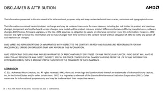 DISCLAIMER	
  &	
  ATTRIBUTION	
  
The	
  informaRon	
  presented	
  in	
  this	
  document	
  is	
  for	
  informaRonal	
  purposes	
  only	
  and	
  may	
  contain	
  technical	
  inaccuracies,	
  omissions	
  and	
  typographical	
  errors.	
  
	
  
The	
  informaRon	
  contained	
  herein	
  is	
  subject	
  to	
  change	
  and	
  may	
  be	
  rendered	
  inaccurate	
  for	
  many	
  reasons,	
  including	
  but	
  not	
  limited	
  to	
  product	
  and	
  roadmap	
  
changes,	
  component	
  and	
  motherboard	
  version	
  changes,	
  new	
  model	
  and/or	
  product	
  releases,	
  product	
  diﬀerences	
  between	
  diﬀering	
  manufacturers,	
  soqware	
  
changes,	
  BIOS	
  ﬂashes,	
  ﬁrmware	
  upgrades,	
  or	
  the	
  like.	
  AMD	
  assumes	
  no	
  obligaRon	
  to	
  update	
  or	
  otherwise	
  correct	
  or	
  revise	
  this	
  informaRon.	
  However,	
  AMD	
  
reserves	
  the	
  right	
  to	
  revise	
  this	
  informaRon	
  and	
  to	
  make	
  changes	
  from	
  Rme	
  to	
  Rme	
  to	
  the	
  content	
  hereof	
  without	
  obligaRon	
  of	
  AMD	
  to	
  noRfy	
  any	
  person	
  of	
  
such	
  revisions	
  or	
  changes.	
  
	
  
AMD	
  MAKES	
  NO	
  REPRESENTATIONS	
  OR	
  WARRANTIES	
  WITH	
  RESPECT	
  TO	
  THE	
  CONTENTS	
  HEREOF	
  AND	
  ASSUMES	
  NO	
  RESPONSIBILITY	
  FOR	
  ANY	
  
INACCURACIES,	
  ERRORS	
  OR	
  OMISSIONS	
  THAT	
  MAY	
  APPEAR	
  IN	
  THIS	
  INFORMATION.	
  
	
  
AMD	
  SPECIFICALLY	
  DISCLAIMS	
  ANY	
  IMPLIED	
  WARRANTIES	
  OF	
  MERCHANTABILITY	
  OR	
  FITNESS	
  FOR	
  ANY	
  PARTICULAR	
  PURPOSE.	
  IN	
  NO	
  EVENT	
  WILL	
  AMD	
  BE	
  
LIABLE	
  TO	
  ANY	
  PERSON	
  FOR	
  ANY	
  DIRECT,	
  INDIRECT,	
  SPECIAL	
  OR	
  OTHER	
  CONSEQUENTIAL	
  DAMAGES	
  ARISING	
  FROM	
  THE	
  USE	
  OF	
  ANY	
  INFORMATION	
  
CONTAINED	
  HEREIN,	
  EVEN	
  IF	
  AMD	
  IS	
  EXPRESSLY	
  ADVISED	
  OF	
  THE	
  POSSIBILITY	
  OF	
  SUCH	
  DAMAGES.	
  
	
  
ATTRIBUTION	
  
©	
  2013	
  Advanced	
  Micro	
  Devices,	
  Inc.	
  All	
  rights	
  reserved.	
  AMD,	
  the	
  AMD	
  Arrow	
  logo	
  and	
  combinaRons	
  thereof	
  are	
  trademarks	
  of	
  Advanced	
  Micro	
  Devices,	
  
Inc.	
  in	
  the	
  United	
  States	
  and/or	
  other	
  jurisdicRons.	
  	
  SPEC	
  	
  is	
  a	
  registered	
  trademark	
  of	
  the	
  Standard	
  Performance	
  EvaluaRon	
  CorporaRon	
  (SPEC).	
  Other	
  
names	
  are	
  for	
  informaRonal	
  purposes	
  only	
  and	
  may	
  be	
  trademarks	
  of	
  their	
  respecRve	
  owners.	
  

18	
   |	
  	
  	
  REAL-­‐TIME	
  INSIGHT	
  IN	
  BIG	
  DATA|	
  	
  	
  November	
  19,	
  2013	
  	
  	
  |	
  	
  	
  CONFIDENTIAL	
  

 