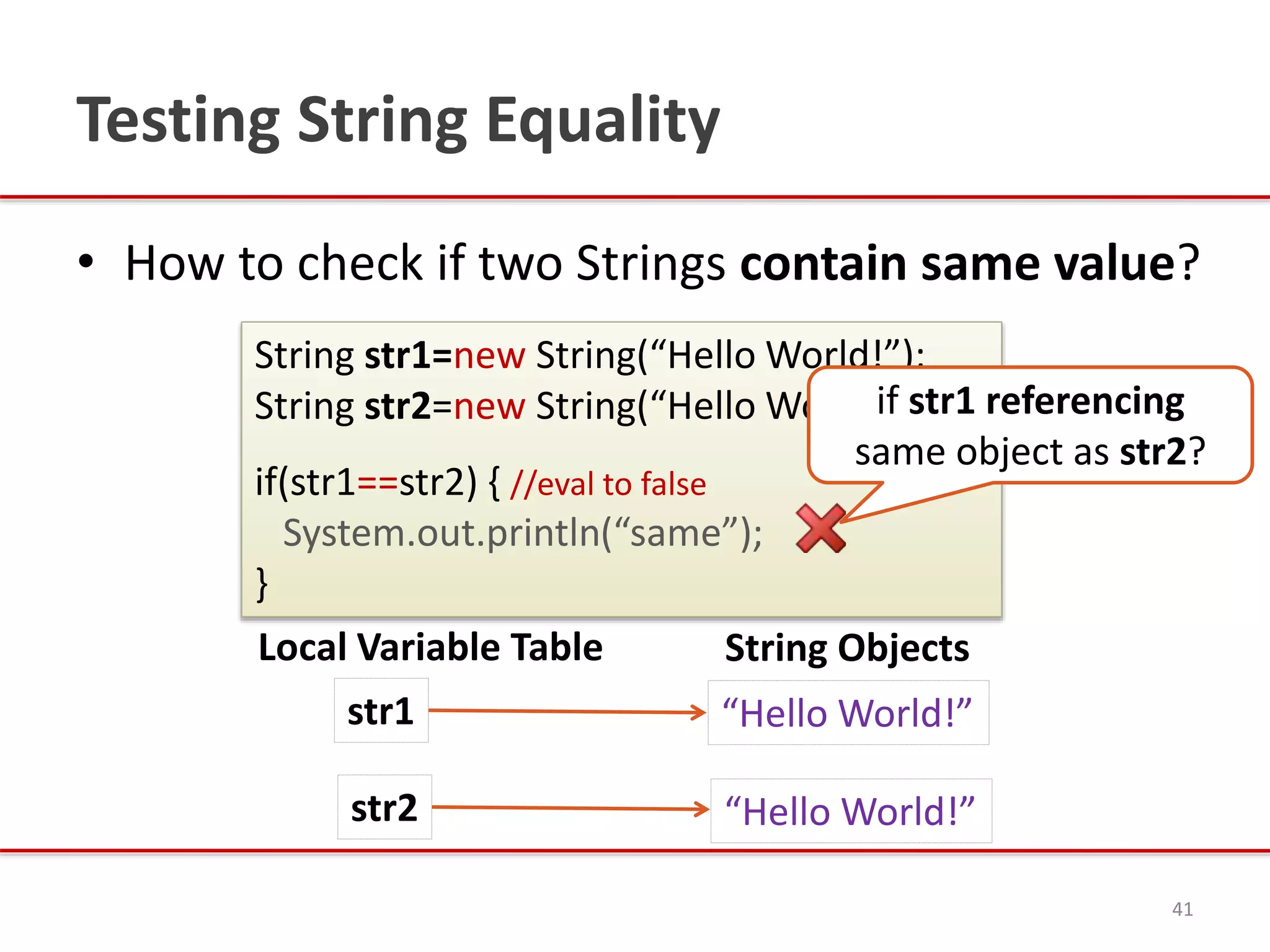 Testing String Equality
• How to check if two Strings contain same value?
41
String str1=new String(“Hello World!”);
String str2=new String(“Hello World!”);
if(str1==str2) { //eval to false
System.out.println(“same”);
}
String Objects
“Hello World!”
“Hello World!”
str1
Local Variable Table
str2
if str1 referencing
same object as str2?
 