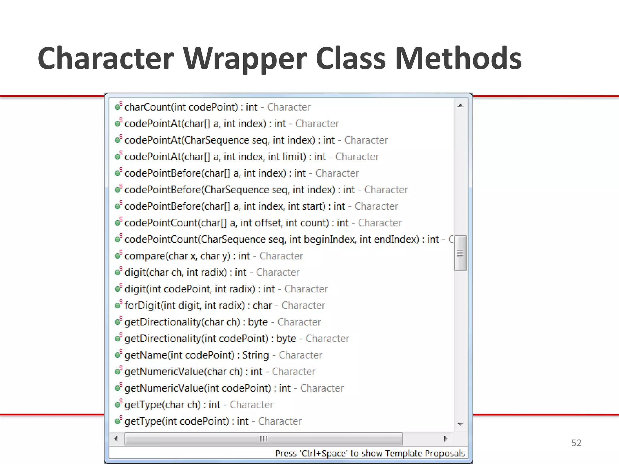 Character Wrapper Class Methods
52
 